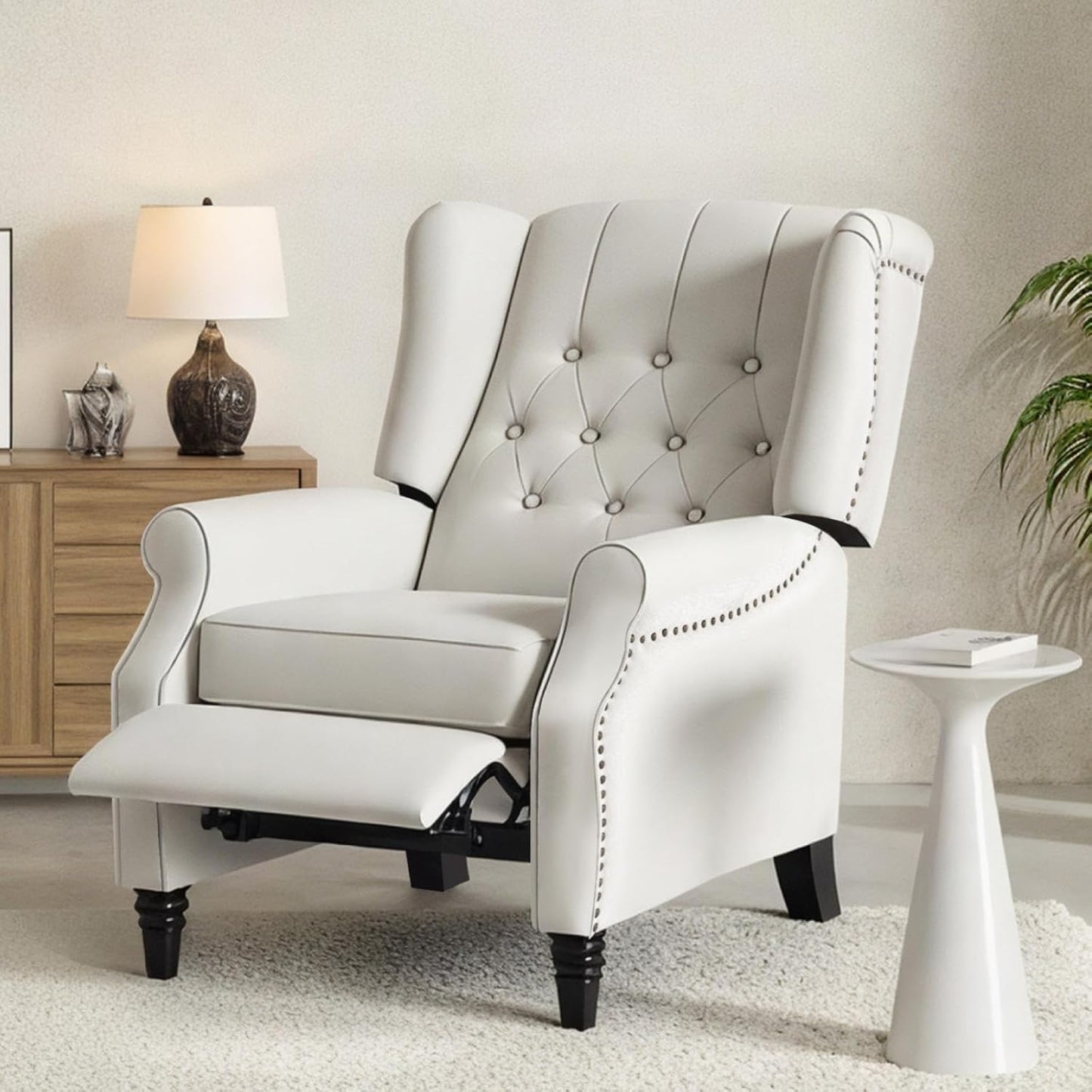 Softa Recliner Chair for Adults, Mid Century Wingback Pushback Accent Chair with Rivet Decoration, Tufted Upholstered Single Sofa Armchair for Living Room, Bedroom, Study (Fabric, Cream)