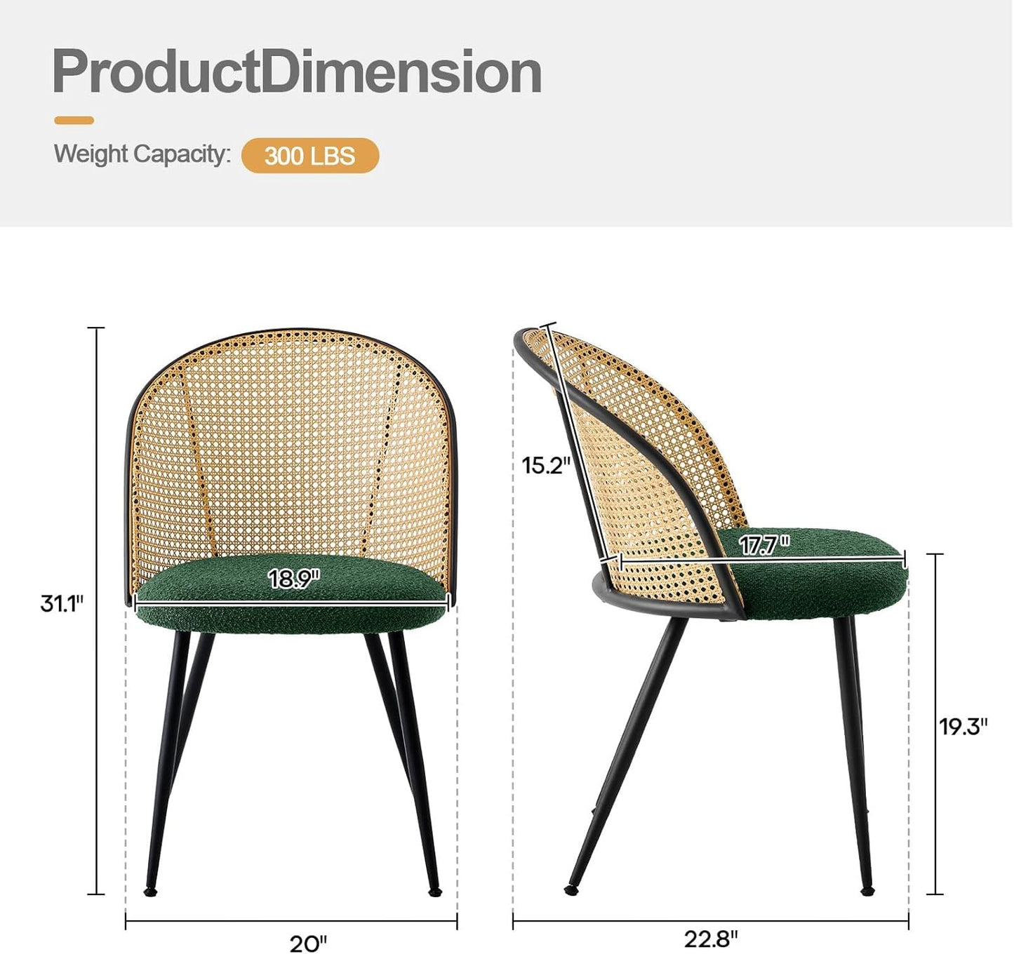 Rattan Dining Chairs Set of 6, Mid-Century Modern Kitchen Dining Room Chairs with Full Cane Backrest Armless Upholstered Farmhouse Boucle Dining Chairs with Metal Leqs for Dining Room, Green