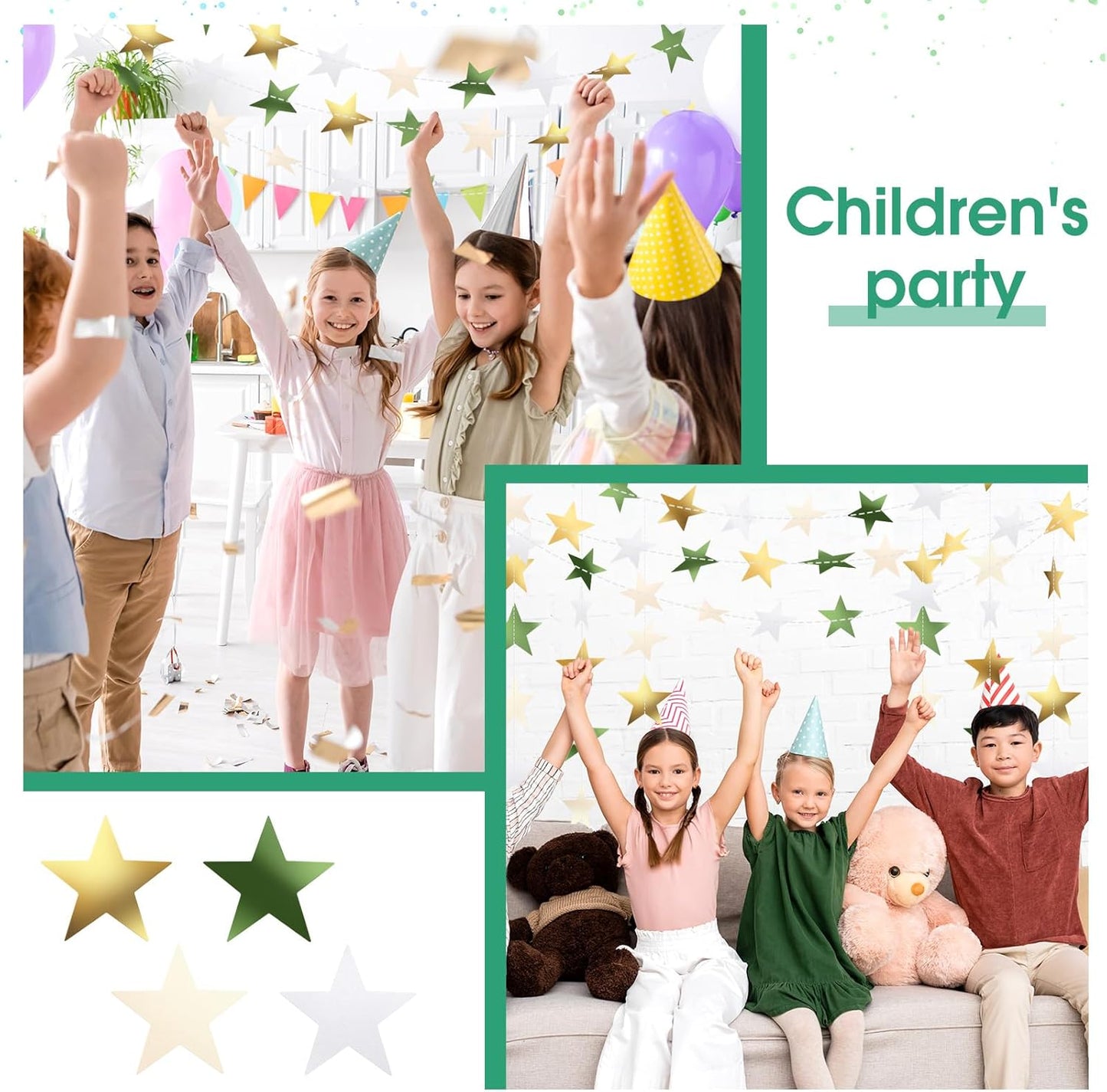 Patelai Glitter Star Garland Banner Decor 130 Feet Star Hanging Bunting Banner Twinkle Backdrop for Homecoming Classroom Wedding Birthday Halloween Christmas Party Supplies(Sage Green, Gold, White)