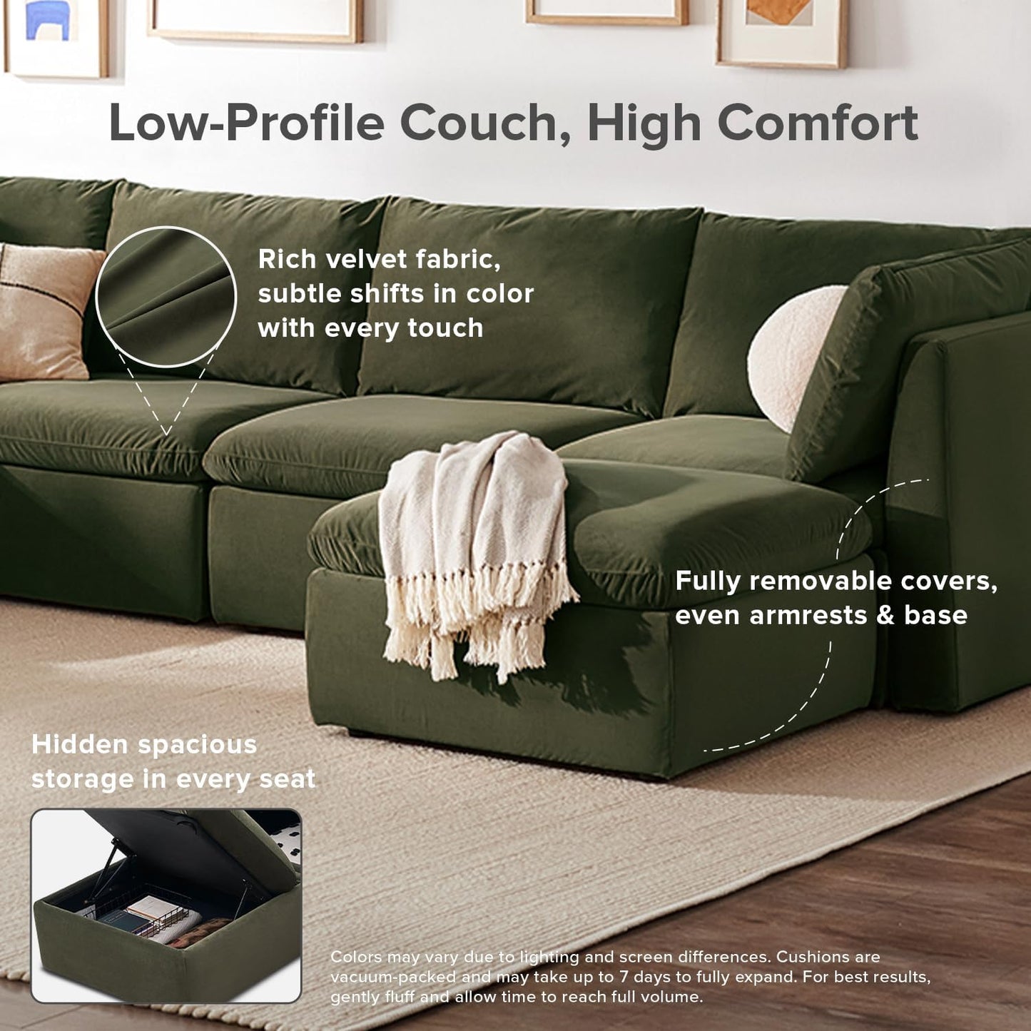 mopio Oversized Modular Sectional Sofa with Fully Removable Covers and Storage, Convertible U, L-Shaped and Sleeper Sectional, Modern Couches with Ottoman Chaise (Olive Green Velvet, 8 Seats, Sleeper)