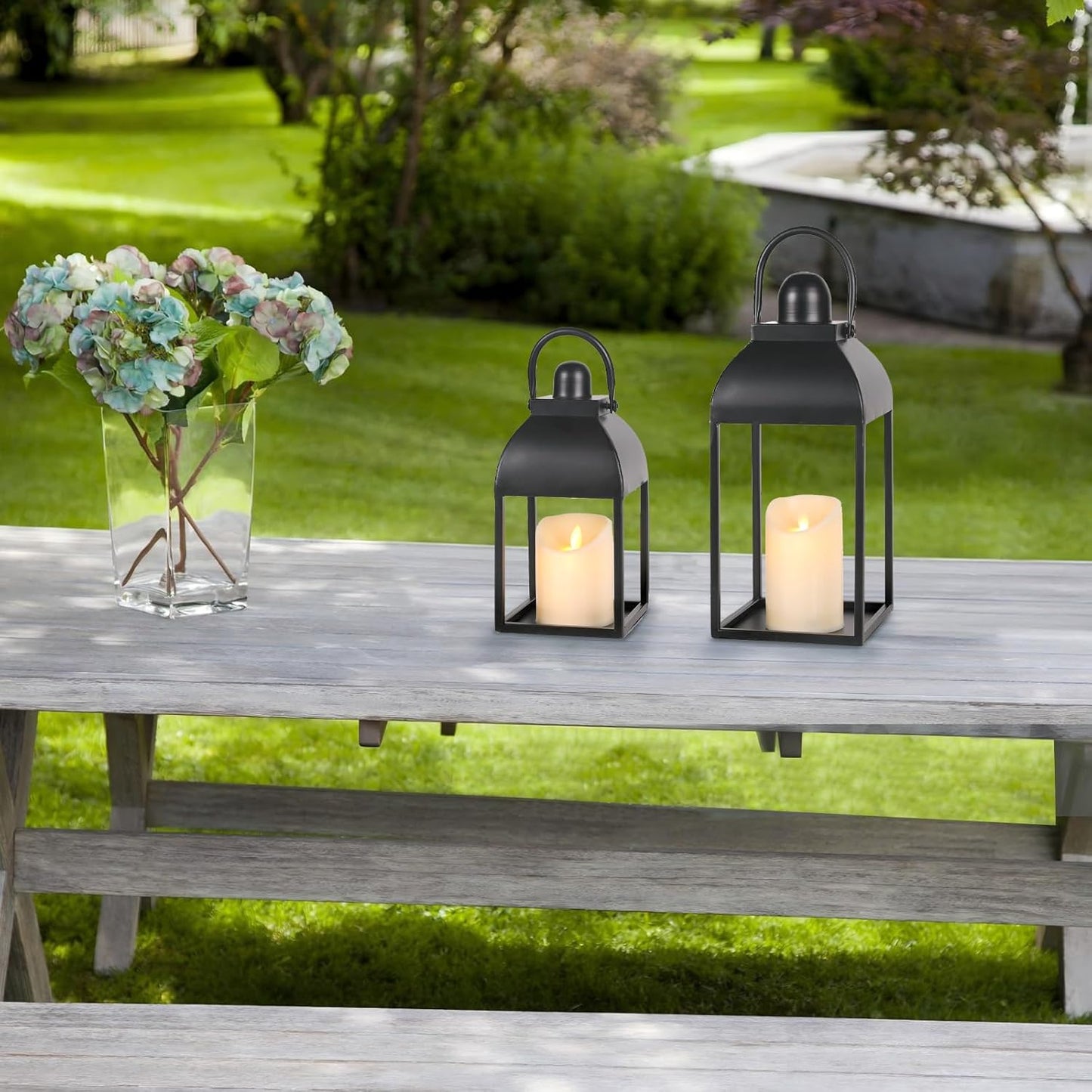 Lanterns Decorative Indoor Outdoor 15" 11" Set of 2 Lantern Decor Black Metal Candle Lanterns with Flameless Candles, Outdoor Lanterns for Porch Patio Wedding Mantle Home Decor
