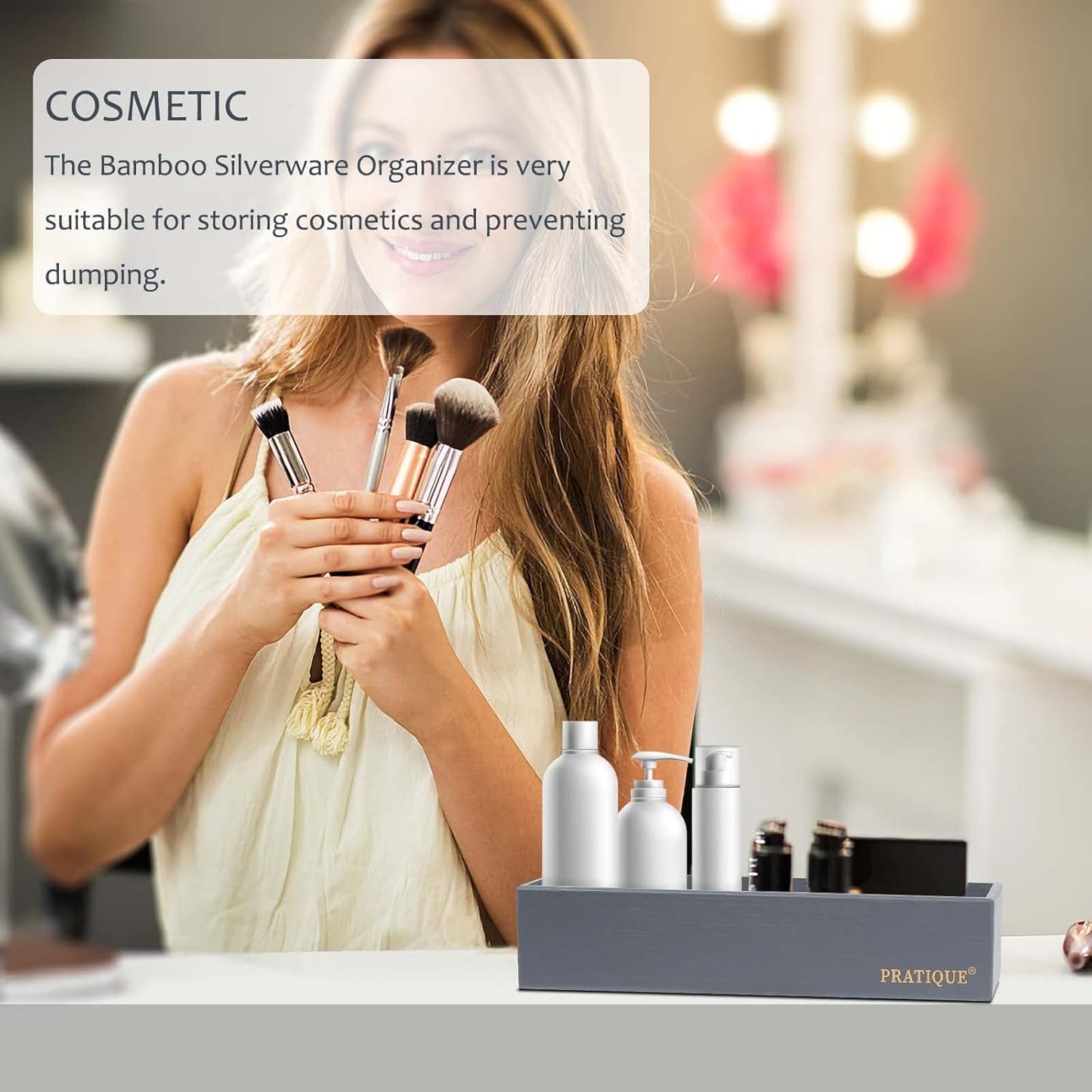 Bamboo Drawer Organizer - Kitchen Utensil Organizer Silverware Tray Cutlery Holder，Office Desk Supplies and Accessories,8.9 * 5.9 * 2.6,Grey