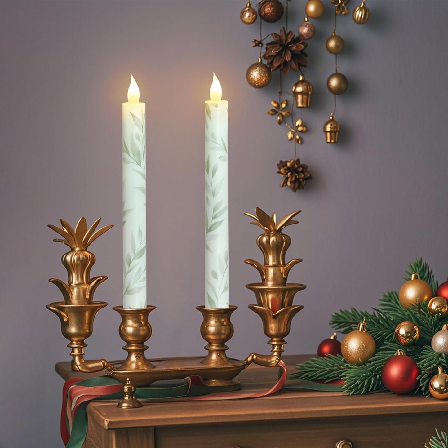 Willow Leaf Flameless Taper Candles with Remote & Timer Real Wax LED Taper Candles Flickering Candlesticks Battery Operated Candle for Home Wedding Party Summer Fall Christmas Decor 2 Pack 9.6"