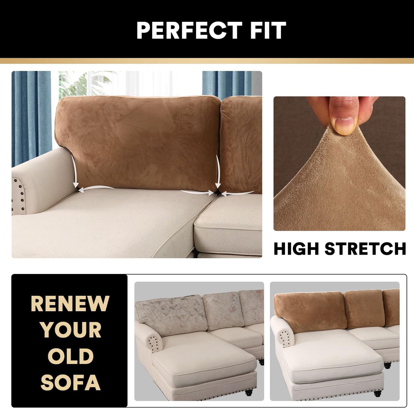 PrinceDeco Velvet Cushion Covers for Sectional Couch, Camel