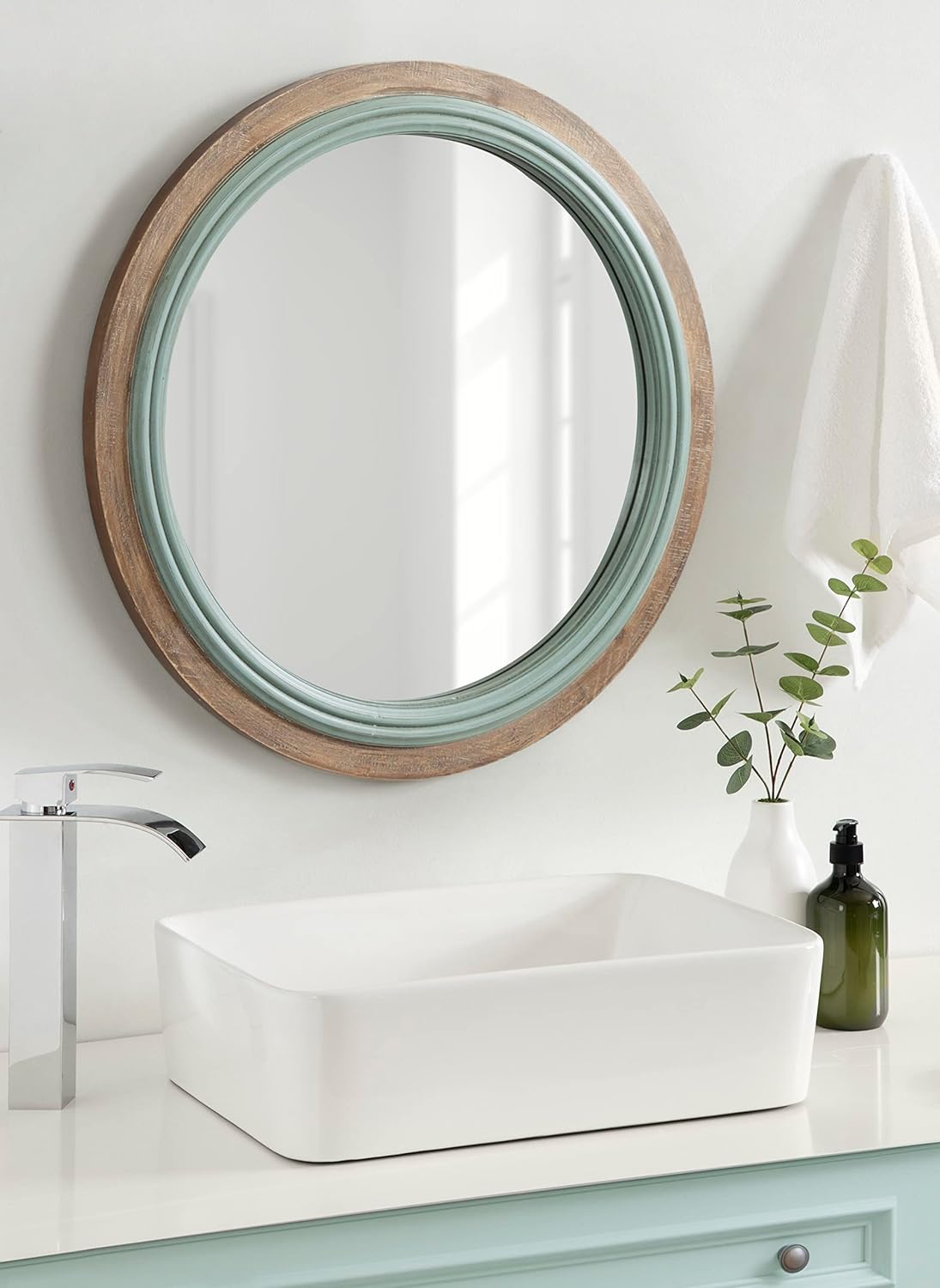 Kate and Laurel Palmer Rustic Farmhouse Round Wooden Mirror, 26 Inch Diameter, Blue and Rustic Brown, Modern Circle Decorative Wall Mirror with Paint Distressing