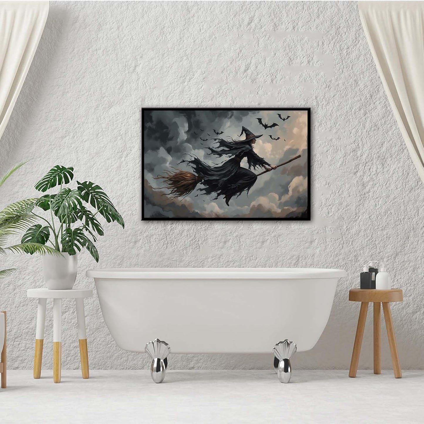 JFHCQJPK Witch and bat flying Halloween poster suitable for home party wall decoration retro Halloween preppy style wall art canvas print suitable for room decoration12x16in Metal blackFramed