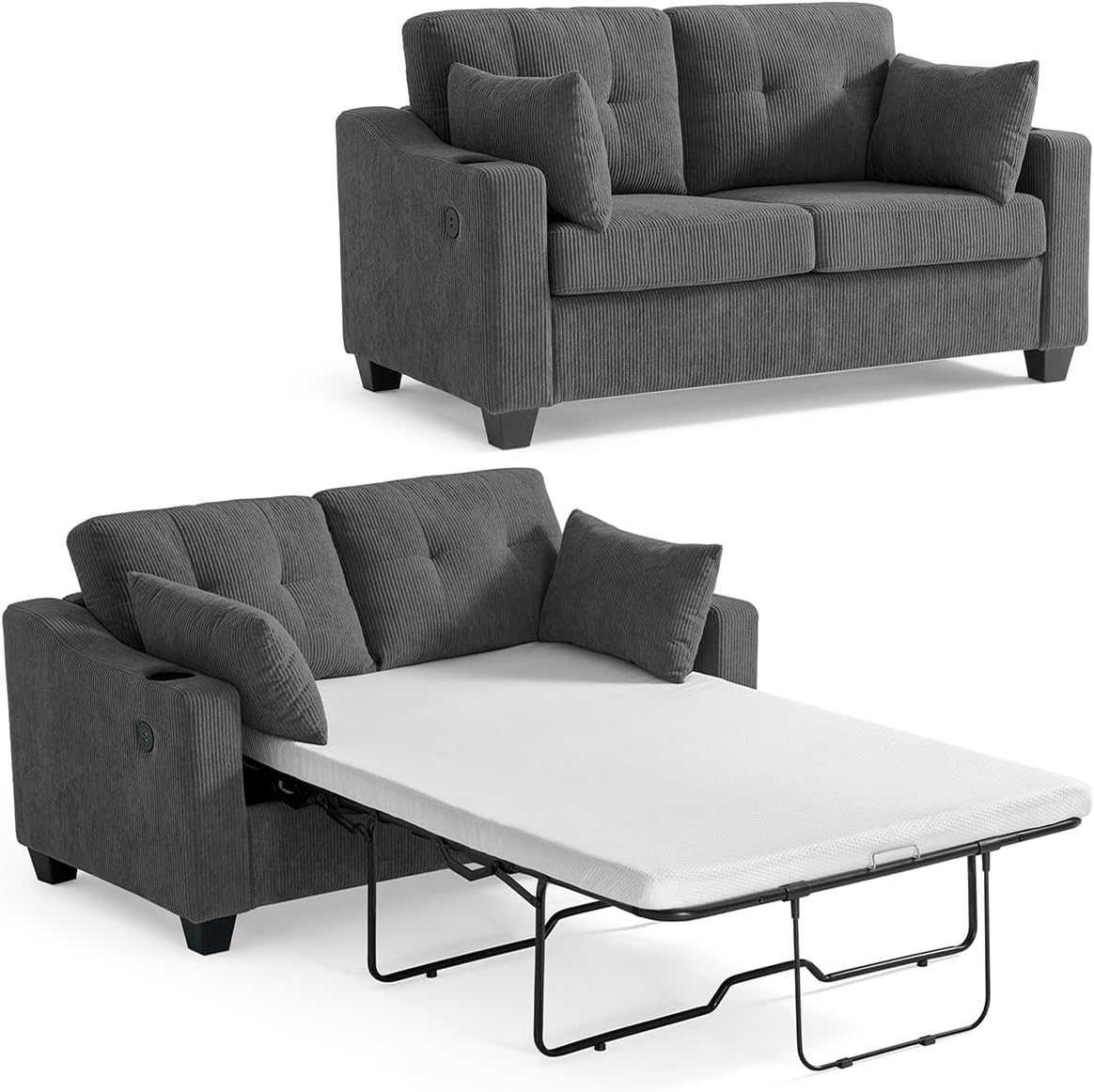 Pull Out Sofa Bed, Full Size Sleeper Sofa, 2-in-1 Convertible Corduroy Couch with USB Charging, Memory Form Couch for Living Room, Apartment and Small Space (Dark Grey, Corduroy - Full Size)