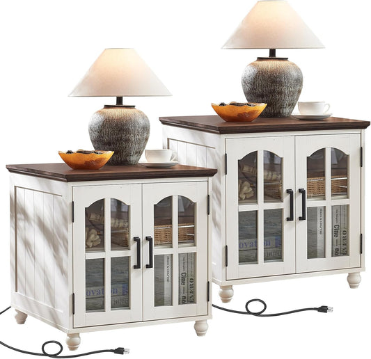 Farmhouse 24" End Table Set of 2 with Charging Station, Large Sofa Side Table with Glass Barn Door,Wood Night Stand with Adjustable Storage Shelf,Square Bedside Table for Living Room,Bedroom