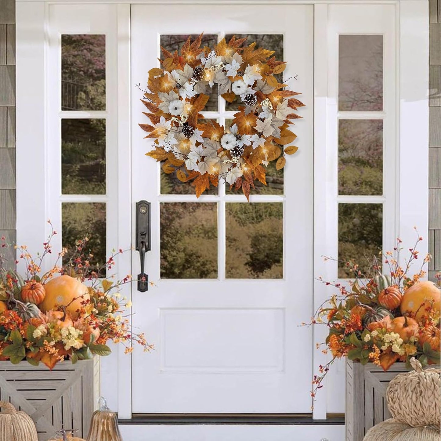 Fall Wreaths for Front Door Outside Autumn Wreath with Lights Berries Pine Cones Fall Decorations for Home Decor Pumpkin Wreath for Farmhouse Holiday Thanksgiving Harvest Halloween Outdoor