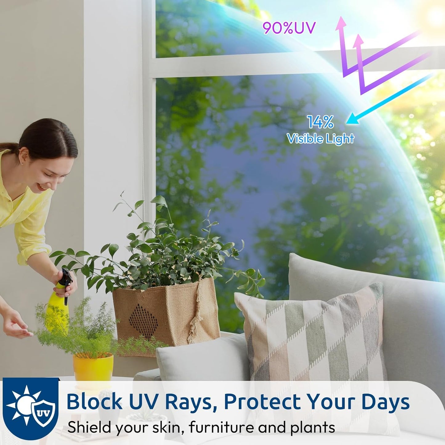 rabbitgoo Window Privacy Film One Way Window Tint for Home, Removable Reflective Heat Sun Blocking Anti UV Glass Door Covering, Mirror Tinting Film House Office, 35.4 in X 9.8 Feet, Blue Silver