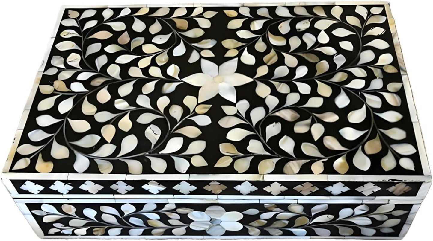 Decorative Wooden Storage Box with Mother of Pearl Inlay – Elegant Floral Design – Perfect for Home Décor in Living Room, Dining Area, or Bedroom (Black, 12x8x5 inches)