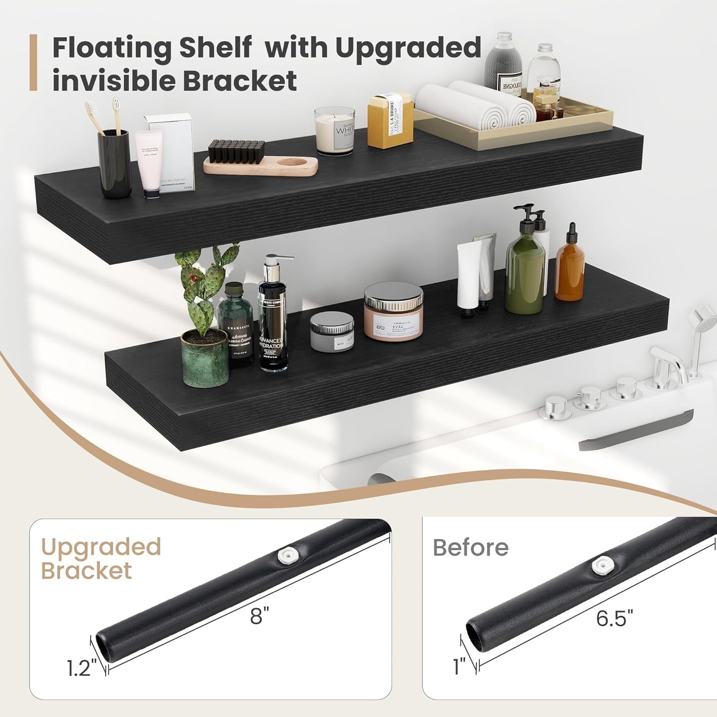 Heimlove 12" Deep Floating Shelves, 36 x 12 Inch Wall Mounted Long Floating Shelf with Invisible Brackets, for Home Decor, Bedroom, Kitchen, Living Room, Bathroom - 2 Pack, Black