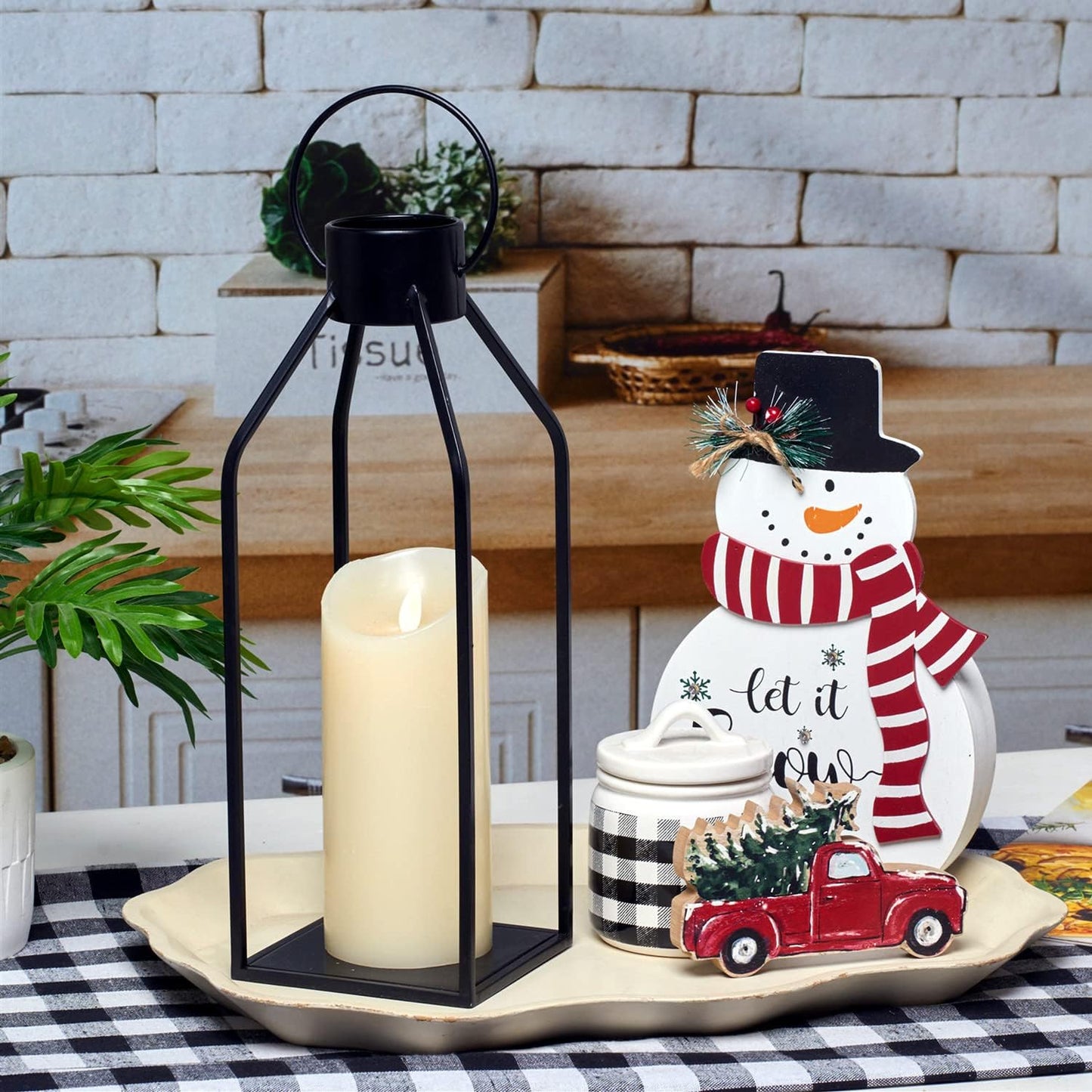 HPC Decor Modern Farmhouse Lanterrn Decor- Black Metal Candle for Summer Night- Lanterns w/Timer Flickering Candles for Living Room,Home,Indoor, Outdoor,Table,Fireplace Mantle Décor