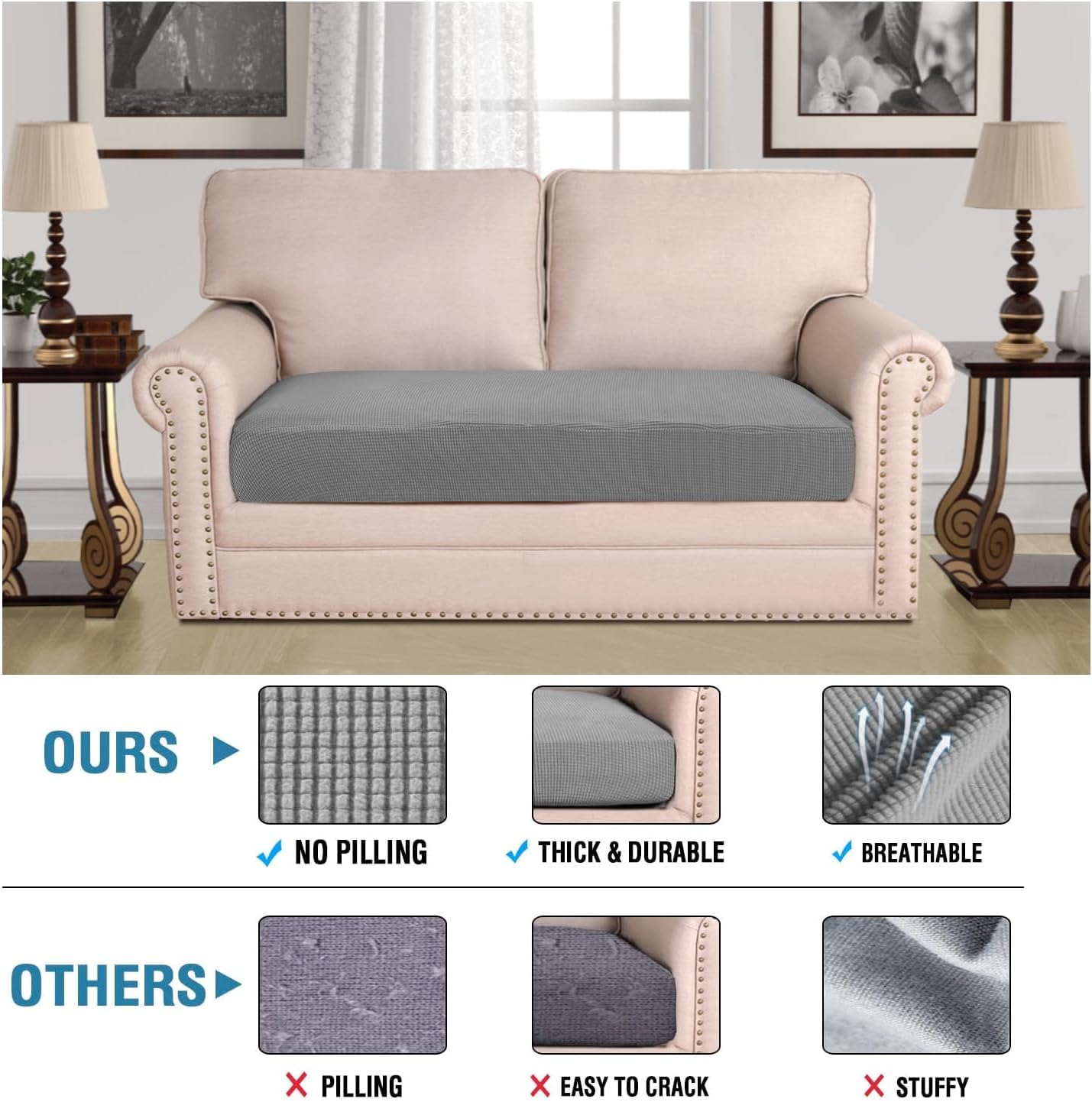 H.VERSAILTEX Super Stretch Individual Seat Cushion Covers Sofa Covers Couch Cushion Covers Slipcover Sets Thick Jacquard Textured Twill Fabric (1 Piece Loveseat Cushion Cover, Dove)