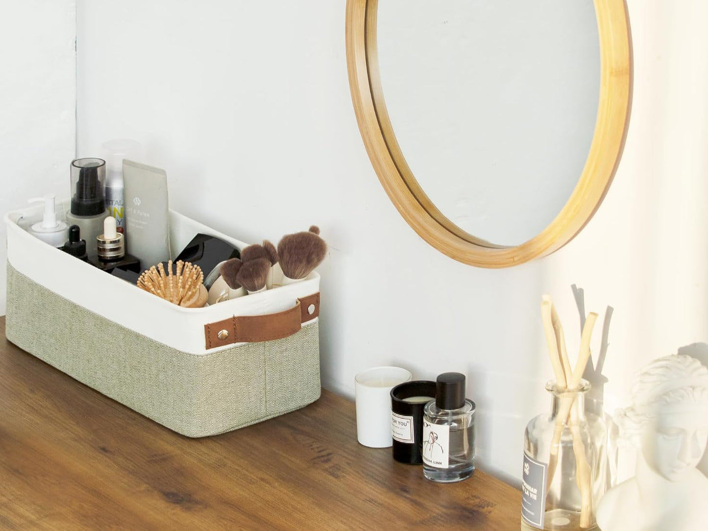 StorageWorks Narrow Storage Bins, Small Basket for Closet and Shelves, Fabric Organizer with Handles, Toilet Paper Storage, Green and White, 2-Pack