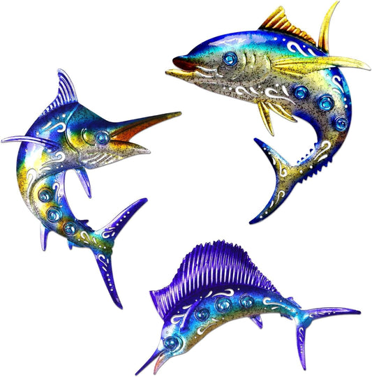 Metal Fish Wall Art Decor, 3-Piece Marlin Tuna Swordfish Set, Blue and Gold Tropical Ocean Theme Outdoor Wall Decor for Patio Garden Yard, Decorative Hanging Sculptures