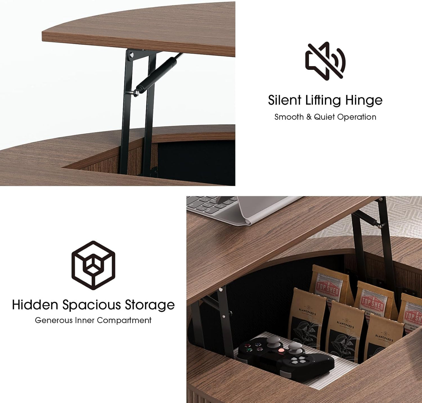 Round Coffee Table with Lifting Top,31.5”Mid Century Modern Lift Top Coffee Table with Hidden Compartment,Fluted Small Center Table for Living Room,Walnut