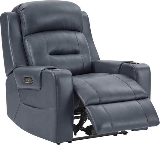 Watson & Whitely Genuine Leather Power Recliner Chairs for Adults, Lay Flat Recliner with Power Headrest, USB Ports and Cup Holders, Electric Reclining Sofa for Living Room, Bedroom, Navy