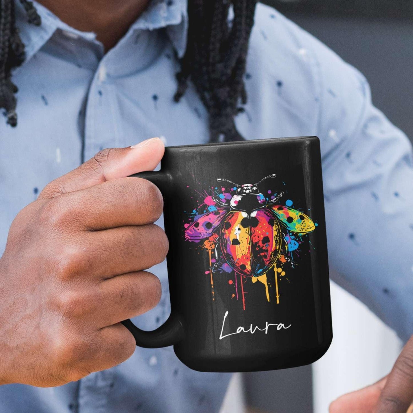 Personalized Choose Name Ladybug Coffee Mug, Colorful Ladybug Animal Design Cup, Customized Ladybug Lover Ceramic Mug, Gift For Christmas, Custom Animal Black Cup 11oz 15oz, Ladybug Mug