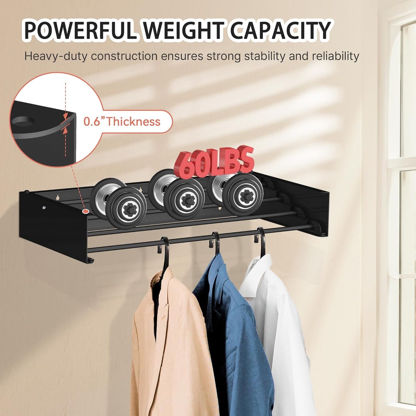 FOCHIER F Laundry Drying Rack Wall Mounted Clothes Drying Rack Collapsible with 5 Aluminum Rods and Drilling Template Long Screwdriver Bit 60 lbs Capacity (Black, 23.6“)