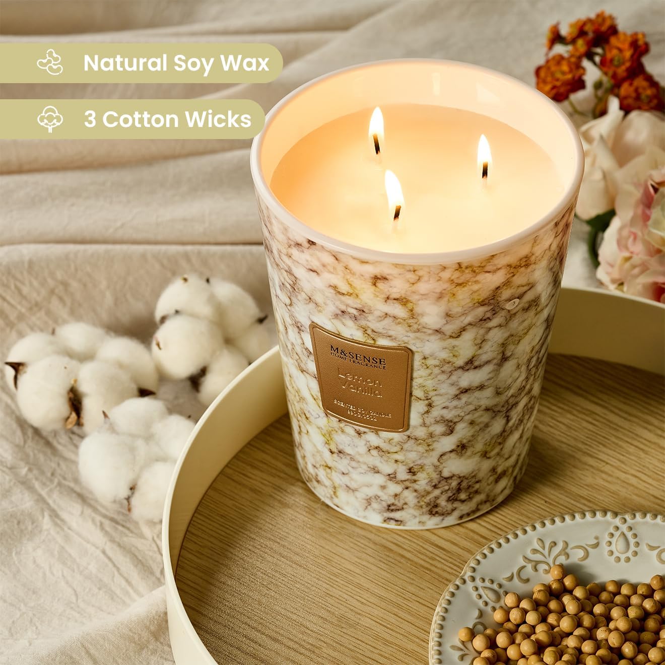 M&SENSE Sugared Lemon Zest Scented Candles for Home, 3-Wick Highly Scented Jar Candles, Extra Large Candle 35 Oz 150 Hours Long Lasting Burning, Relaxing Aromatherapy Candle for Stress Relief