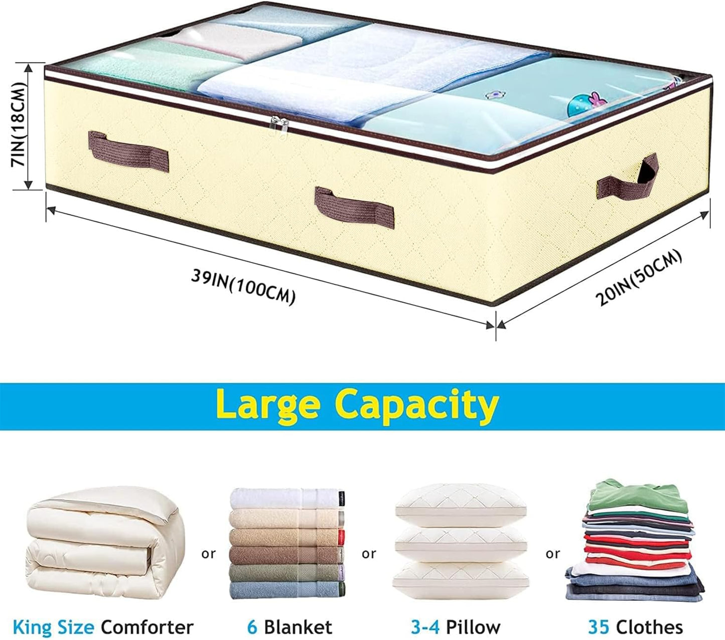 90L Under Bed Storage Containers, Underbed Toy Organizers and Clothing Storage Bags, Closet Storage Bins with Clear Window for Organizing Blanket Comforter Bedding Clothes Bedroom Dorm, 2 Pack Beige
