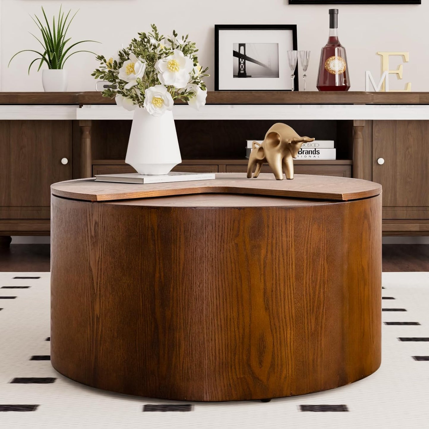 27.16" Drum Coffee Table with Storage Modern Unique Tea Table Contemporary Wood Round Coffee Table with Hidden Storage Centry Table for Living Room、Bedroom、 Office Walnut