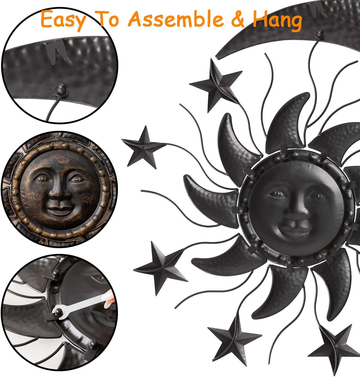 TICKCACY 27” Metal Sun Wall Decor, Vintage Sun Moon Stars Wall Hanging Decoration, Moon and Stars Wall Art Sculpture for Indoor Outdoor Living Room Bedroom Garden Yard Patio Fence