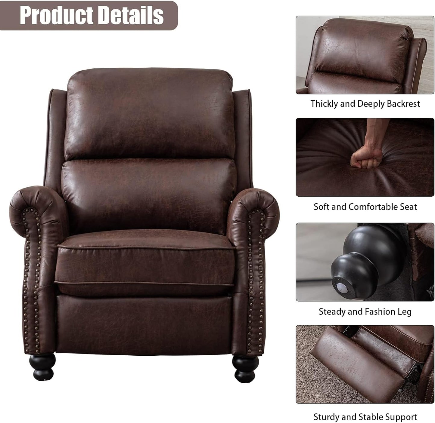 CANMOV Pushback Recliner Chair Set of 2，Leather Armchair Push Back Recliner with Rivet Decoration Single Sofa Accent Chair for Living Room, Reddish Brown