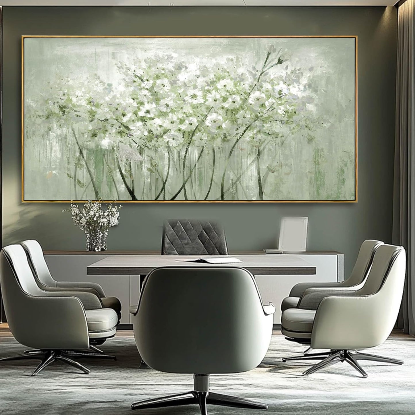 Framed Green Flower botanical Canvas Wall Art 29"x58" Modern Botanical Poster Artwork for Bedroom Living Room Office Kitchen Decor