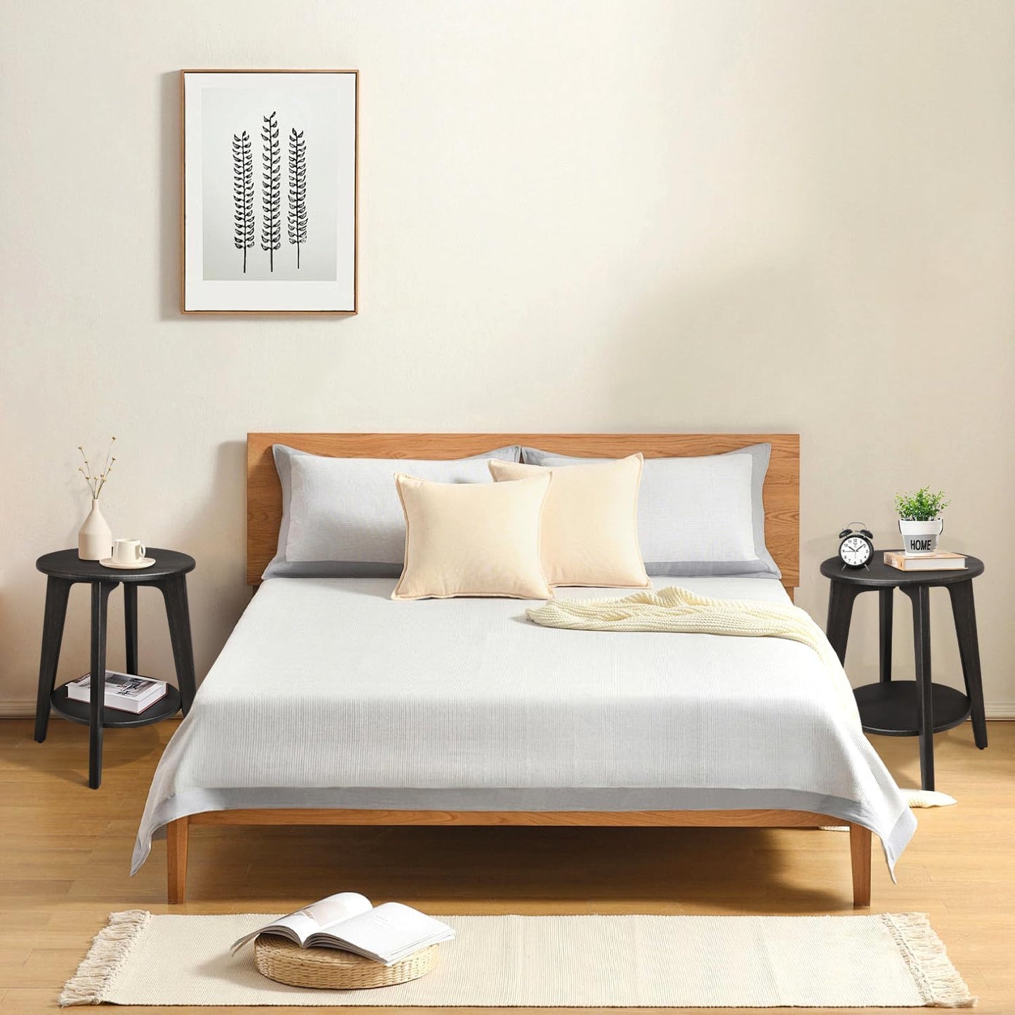 Round Side Table Black Gold Wooden End Table with Lower Shelf Rustic Vintage Nightstand Beside Table for Living Room Bedroom Small Spaces