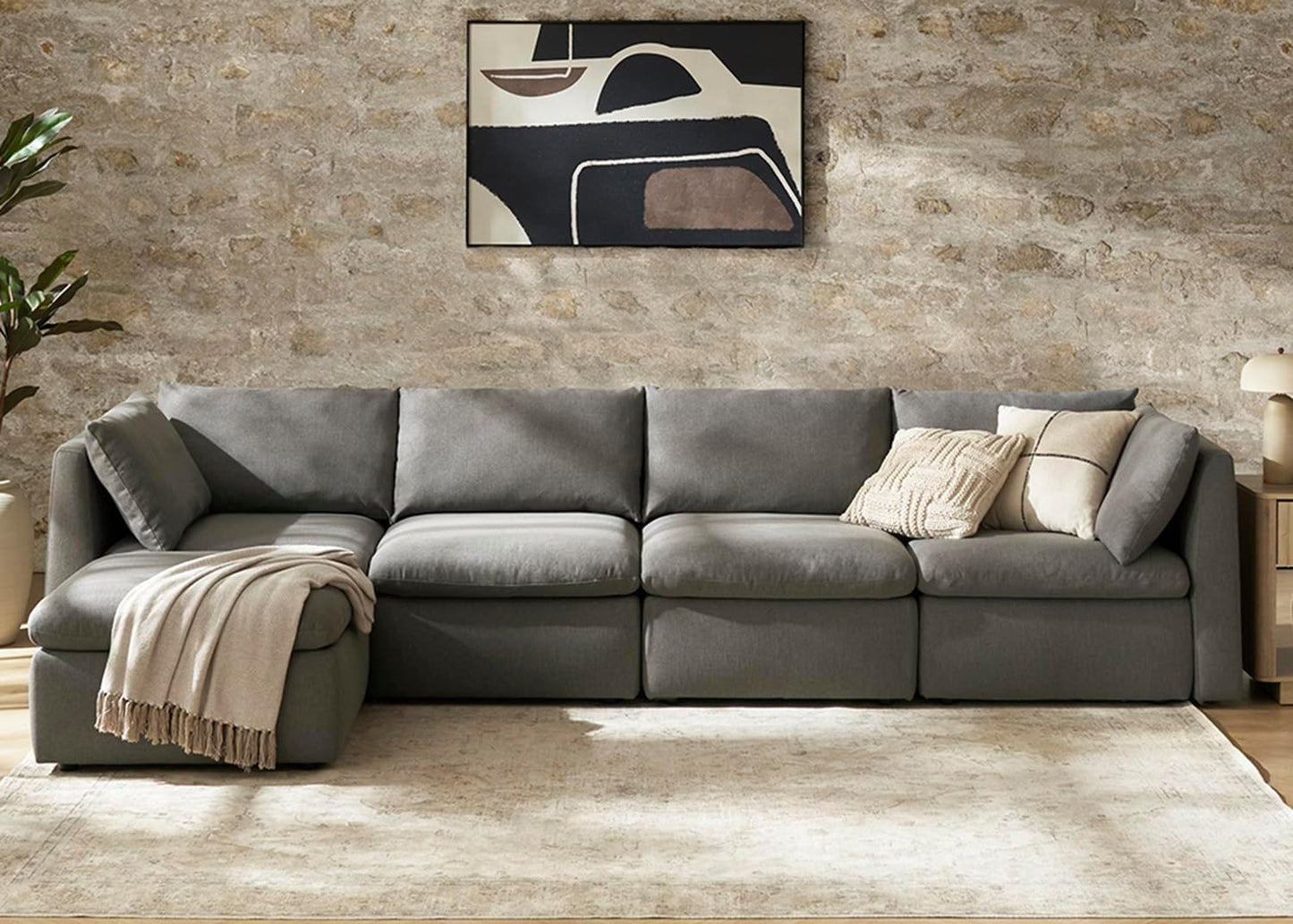 mopio Oversized Modular Sectional Sofa with Fully Removable Covers and Storage, Convertible U, L-Shaped and Sleeper Sectional, Modern Couches with Ottoman Chaise (Stone Gray Fabric, 5 Seats, L)