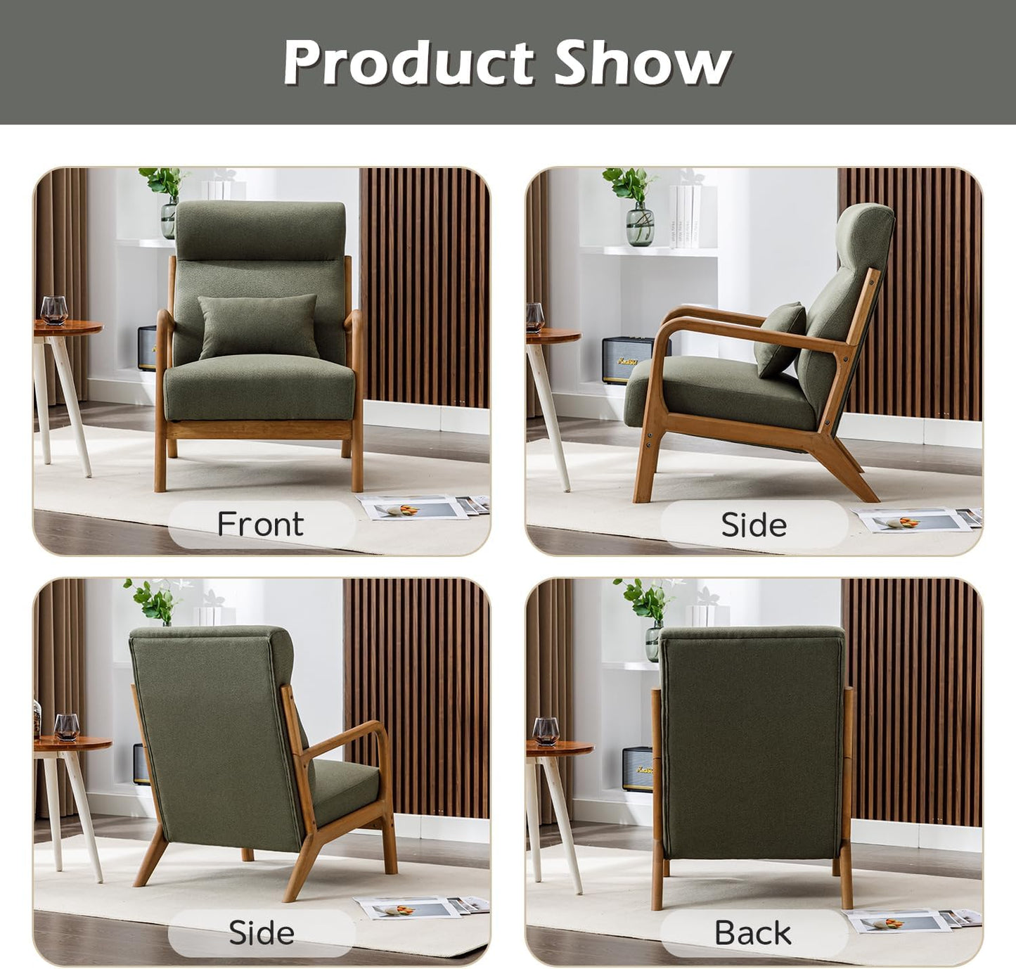 INZOY Mid Century Modern Accent Chair Set of 2, High Back Reading Armchair with Wood Frame, Upholstered Living Room Chairs with Waist Cushion, Single Lounge Arm Chair for Bedroom Sunroom, Green