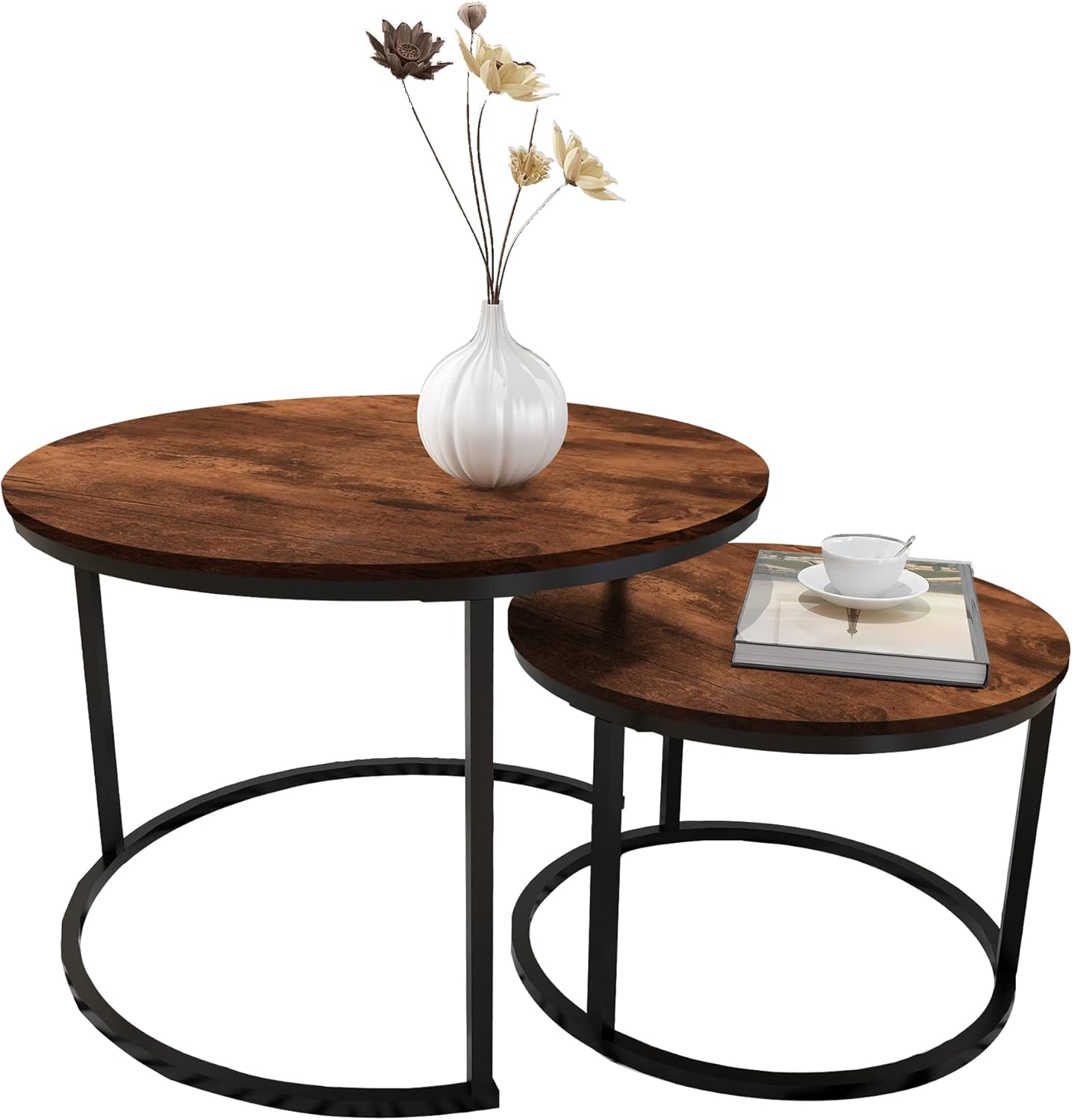 HOMERECOMMEND Round Coffee Table Set of 2 Modern Nesting Side End Table for Living Room,Round Wooden Coffee Table with Solid Powder-Coated Metal Frame, Rustic Brown/Black
