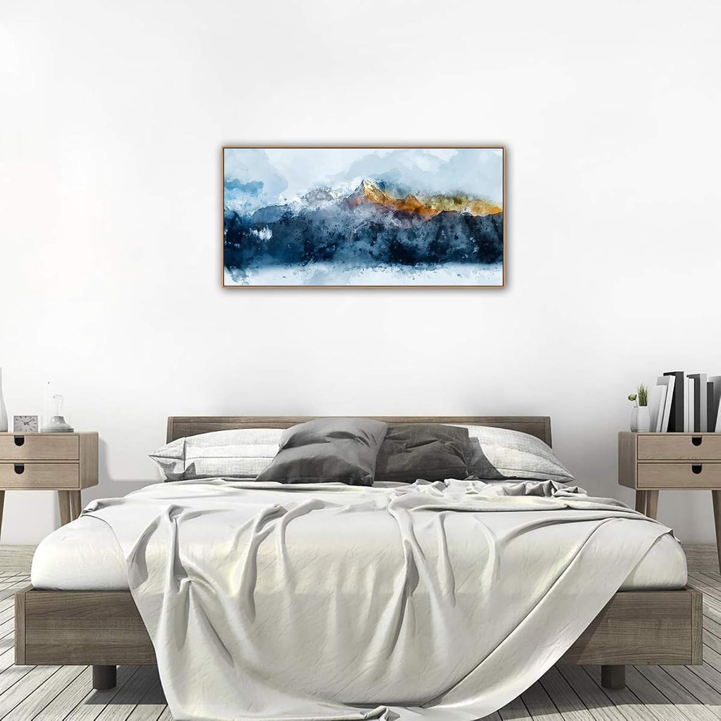 Framed Canvas Wall Art Indigo Abstract Mountain Pictures Wall Decor Blue Grey Orange Mountain Peaks Canvas Painting Prints Modern Abstract Artwork for Living Room Bedroom Decoration 29" X 58"