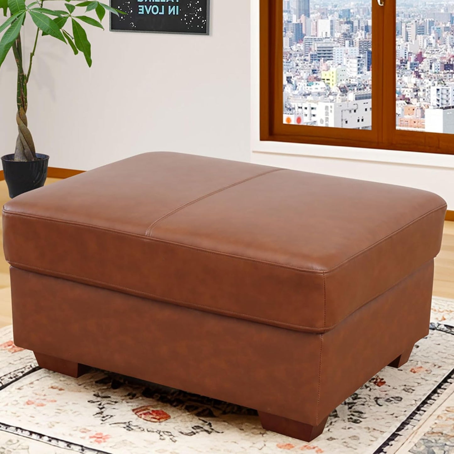 Ottoman Rectangular Storage Ottoman Bench, Genuine Cow Leather Footrest, Coffee Table, Stool Footstool with Hinged Lid for Living Room, Bedroom, Entryway, Brown, 36.5"x28"x18.5"