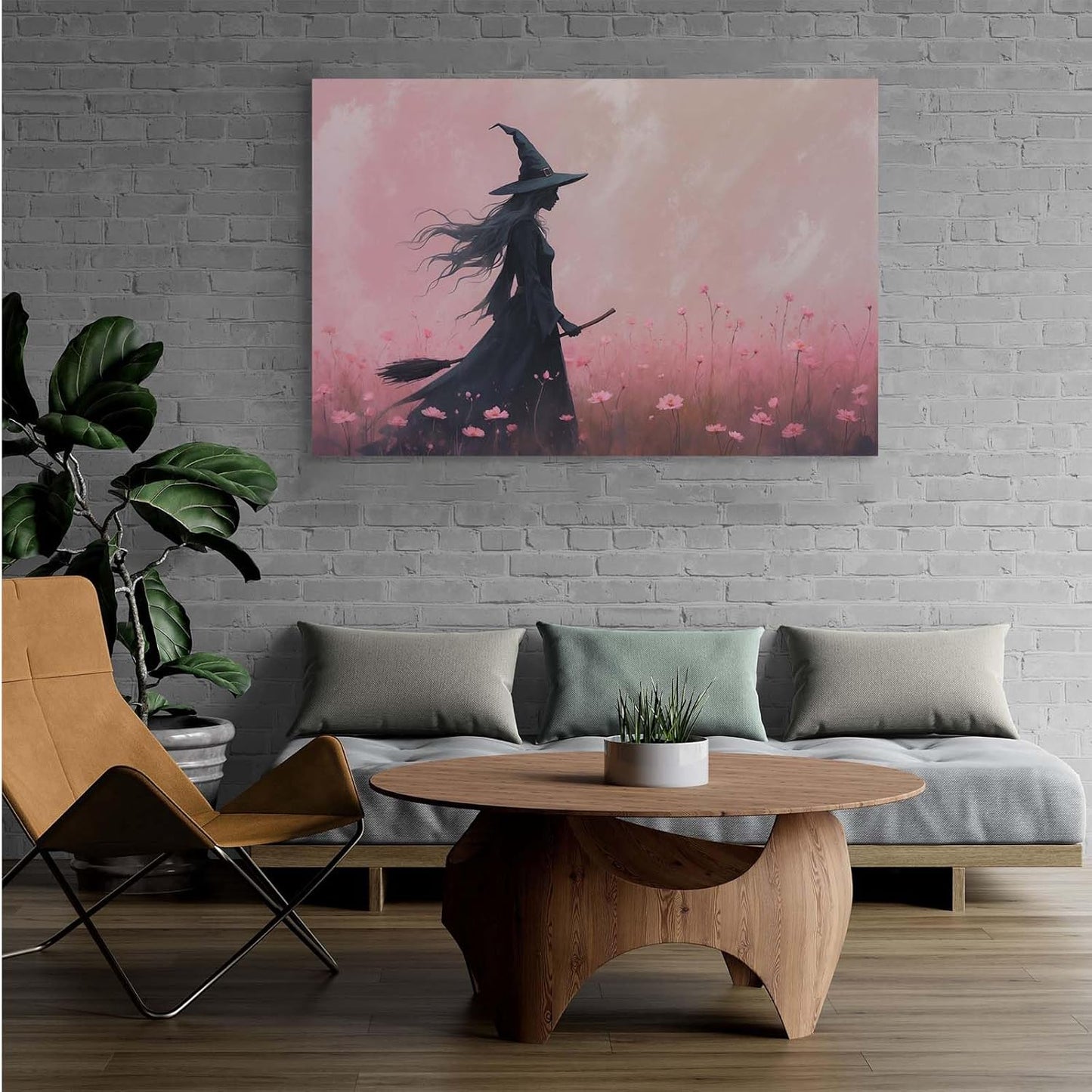 Witch in the pink sea of flowers Halloween prints weird flowers wall art silhouette painting fashionable romantic decoration suitable for bedroom24x36in Wood Framed