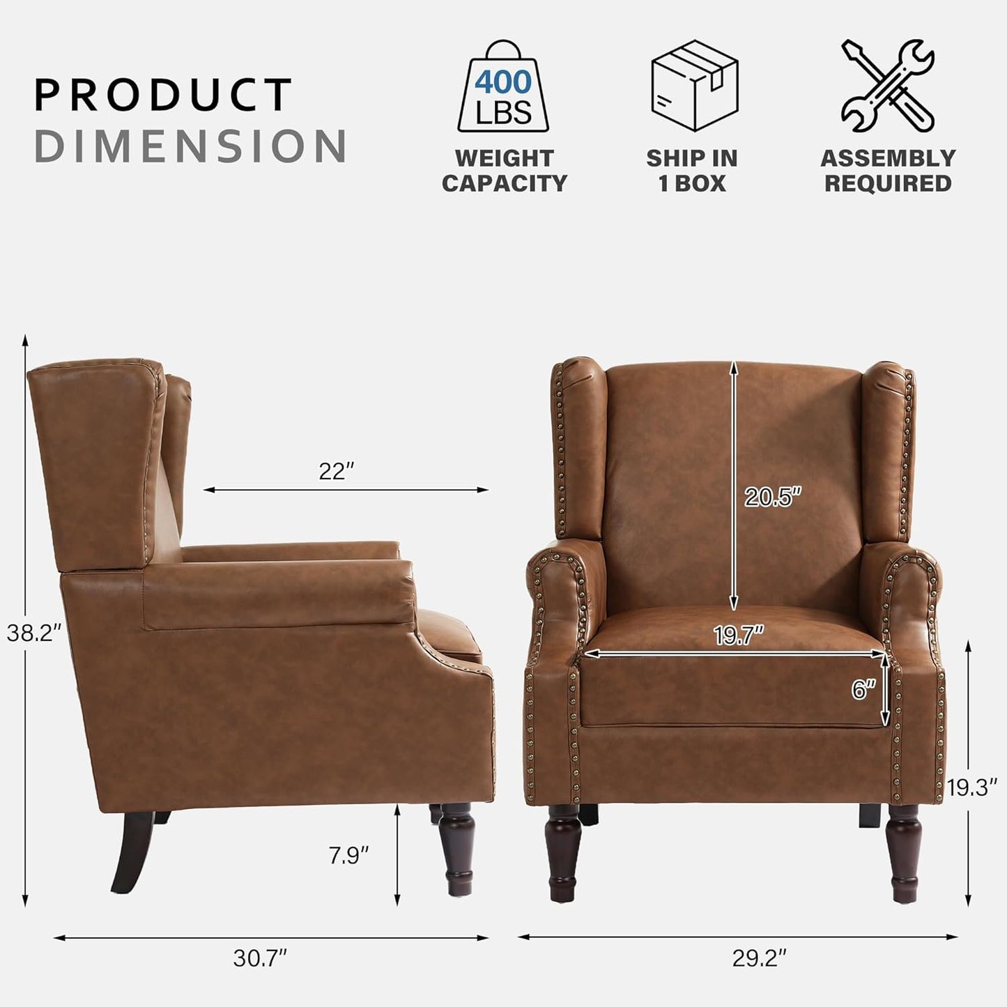Accent Chairs, Faux Leather High Back Armchair setof 2 or Living Room, Comfy Upholstered Single Sofa Reading Chairs with Solid Wood Legs for Office, Bedroom, Waiting Room-Leather Brown