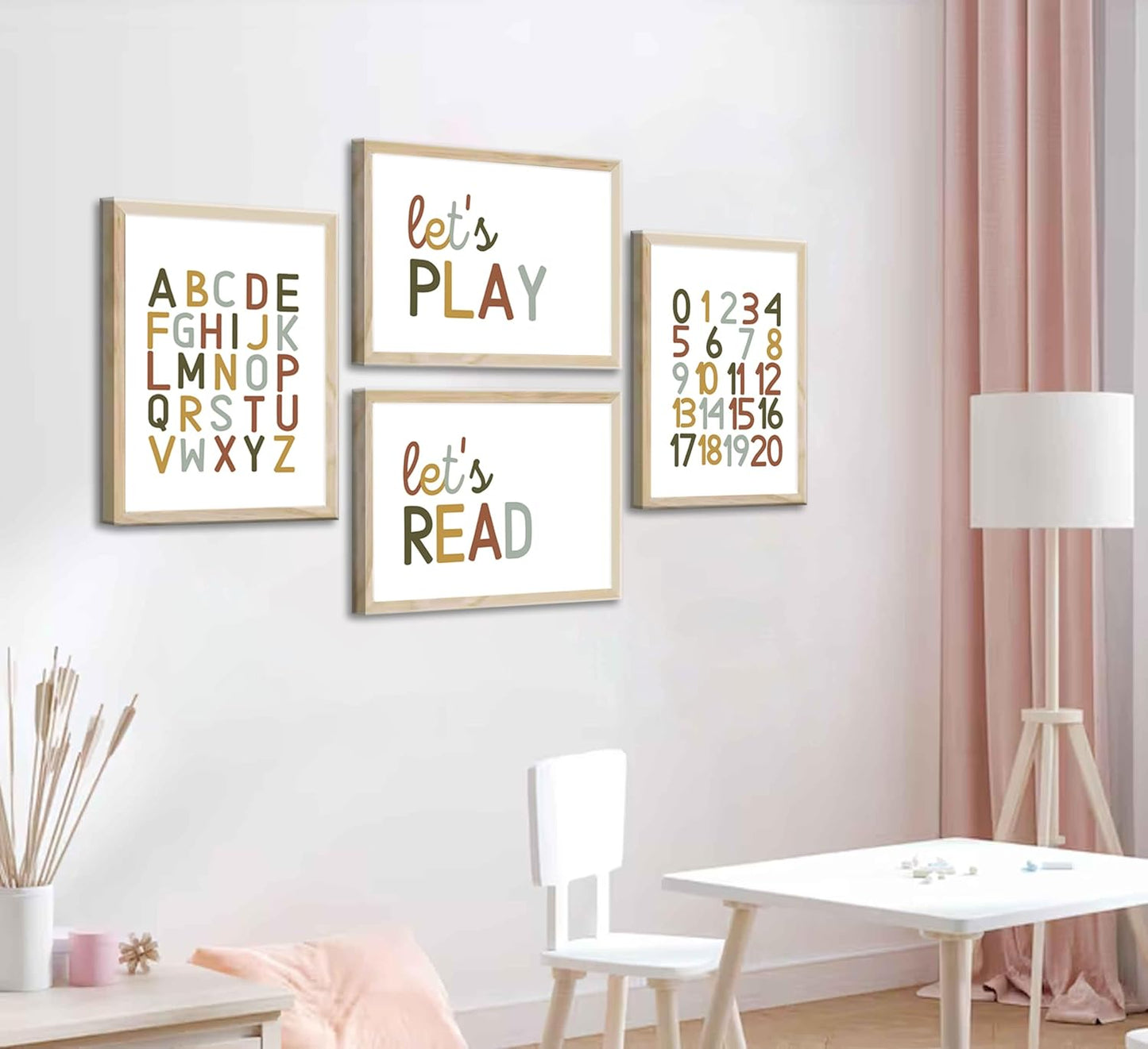 4 Pcs Boho Playroom Canvas Wall Art Nursery Toddler Educational Let's Read Let's Play Painting Pictures Wall Decor Posters Print Artwork for Girl Boy Childs Room Classroom Home Decoration Unframed