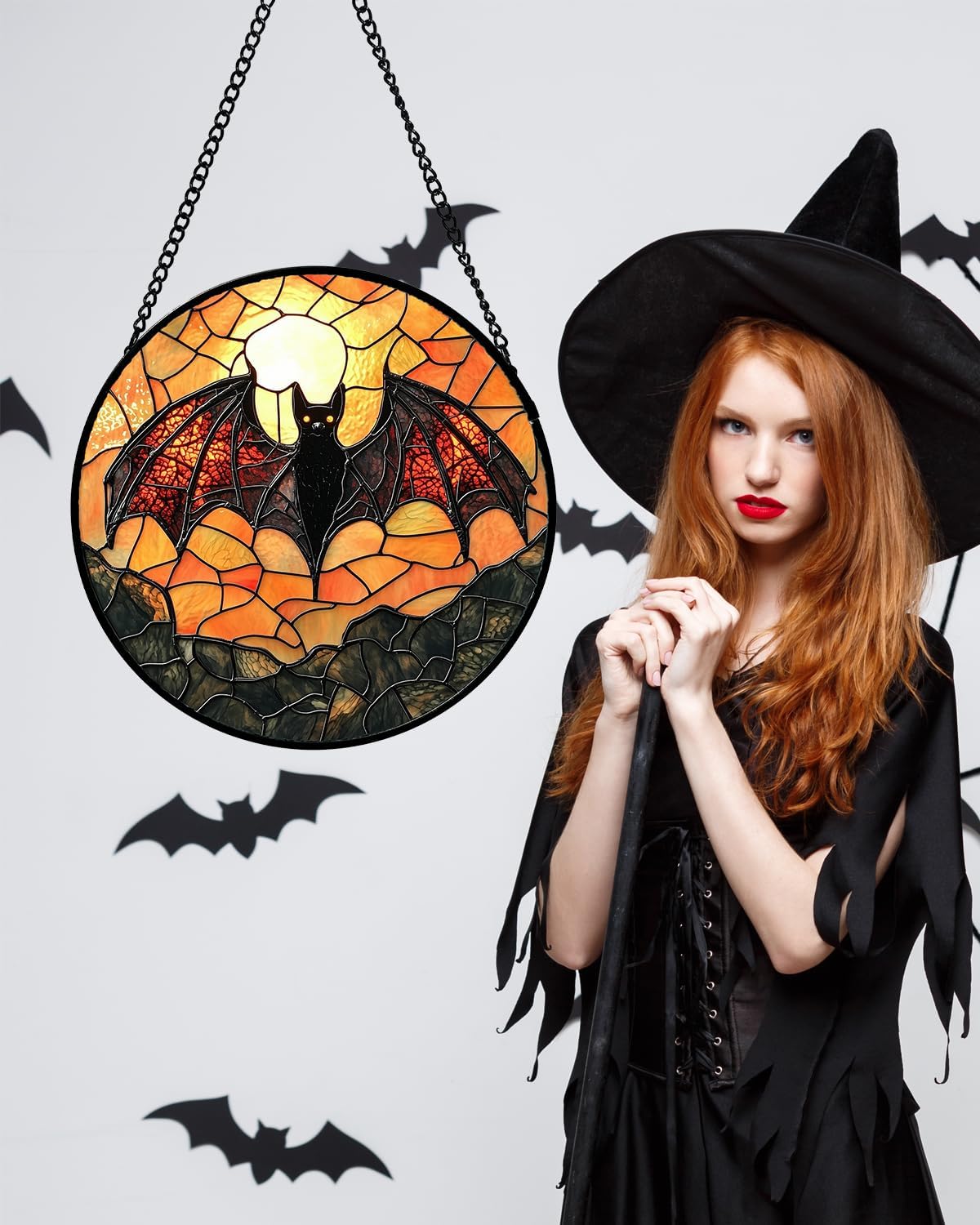 Stained Glass Window Hanging, Black Bat Sun Catcher for Door Home Decor Animal Suncatcher Christmas Mother's Day Birthday Gifts for Women Men Mom and Nana 15 in