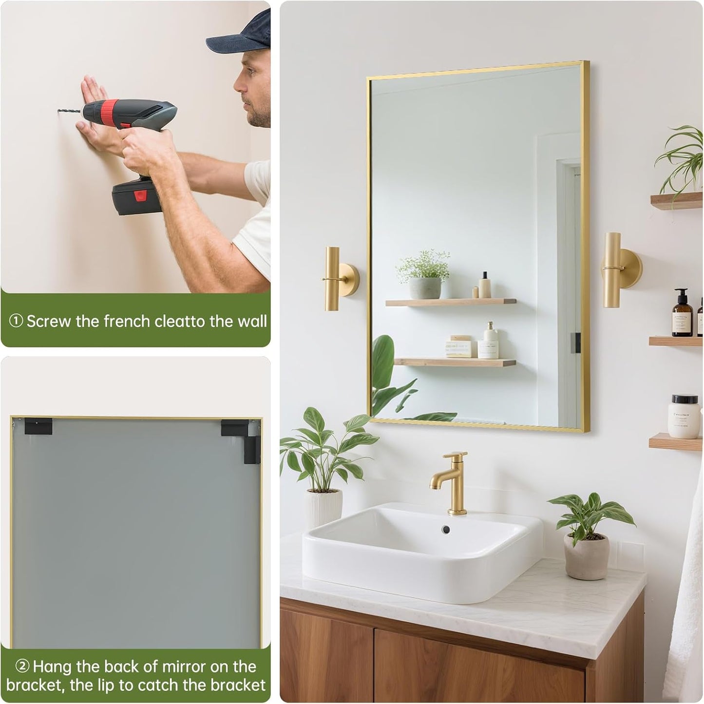 FARMER 24x32 Inch Gold Bathroom Mirror, Rectangle Wall Mounted Mirror, Vanity Mirror, Brushed Square Mirror, Framed Bathroom Mirror for Bedrooms, Entryways, Living Rooms, Horizontal/Vertical