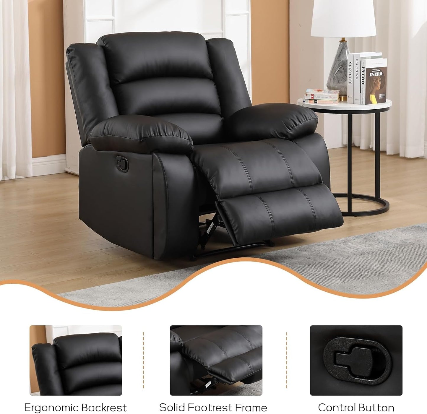 EBELLO Faux Leather Manual Reclining Sofa Set, Recliner Chair, Loveseat, Black