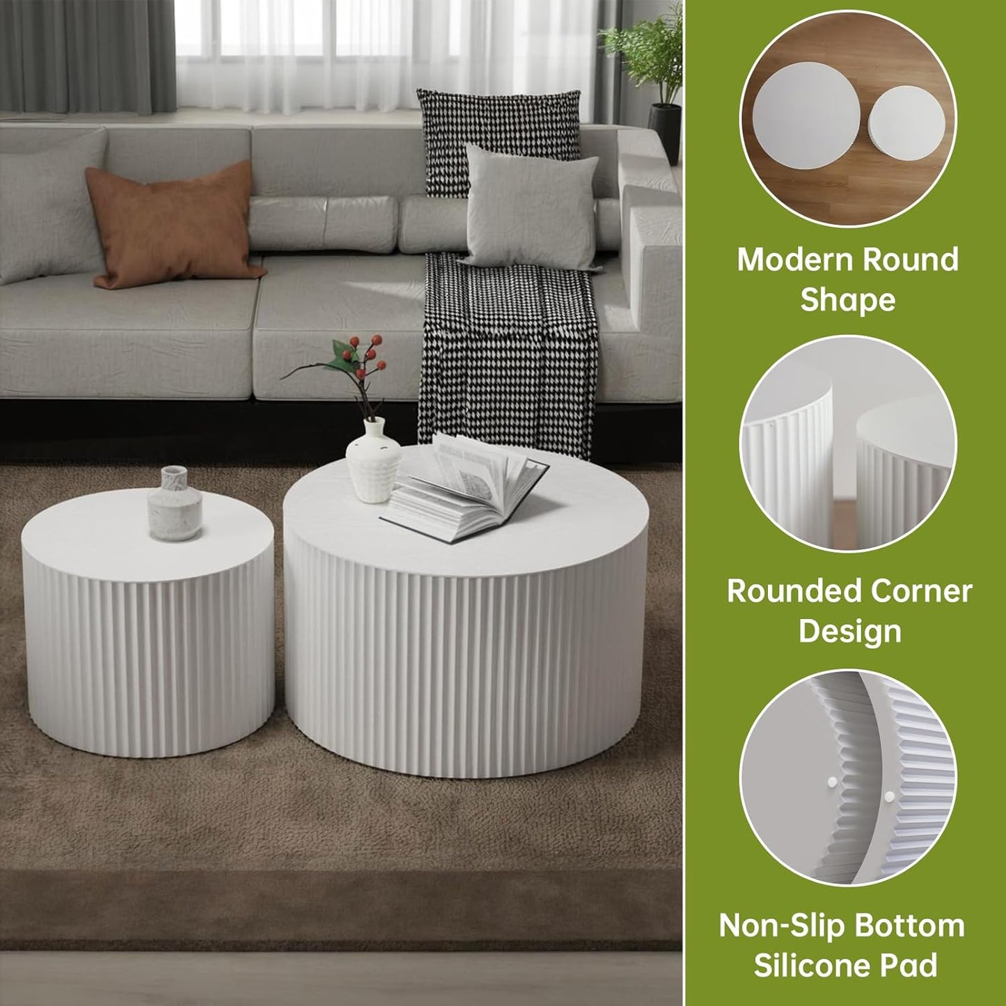 Round Nesting Coffee Table Modern White Fluted Coffee Table Set of 2 for Living Room Circle Drum Coffee Tables Round Nesting Tables for Small Spaces (White B 27in)