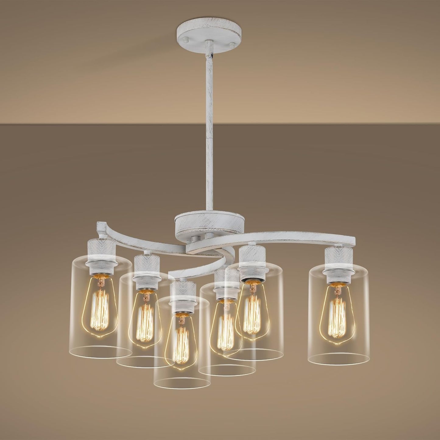 6-Light Antique White Chandelier with Clear Glass Shade, French Country Chandeliers for Dining Room, Adjustable Height Hanging Farmhouse Pendant Lighting for Kitchen Island Entryway Office