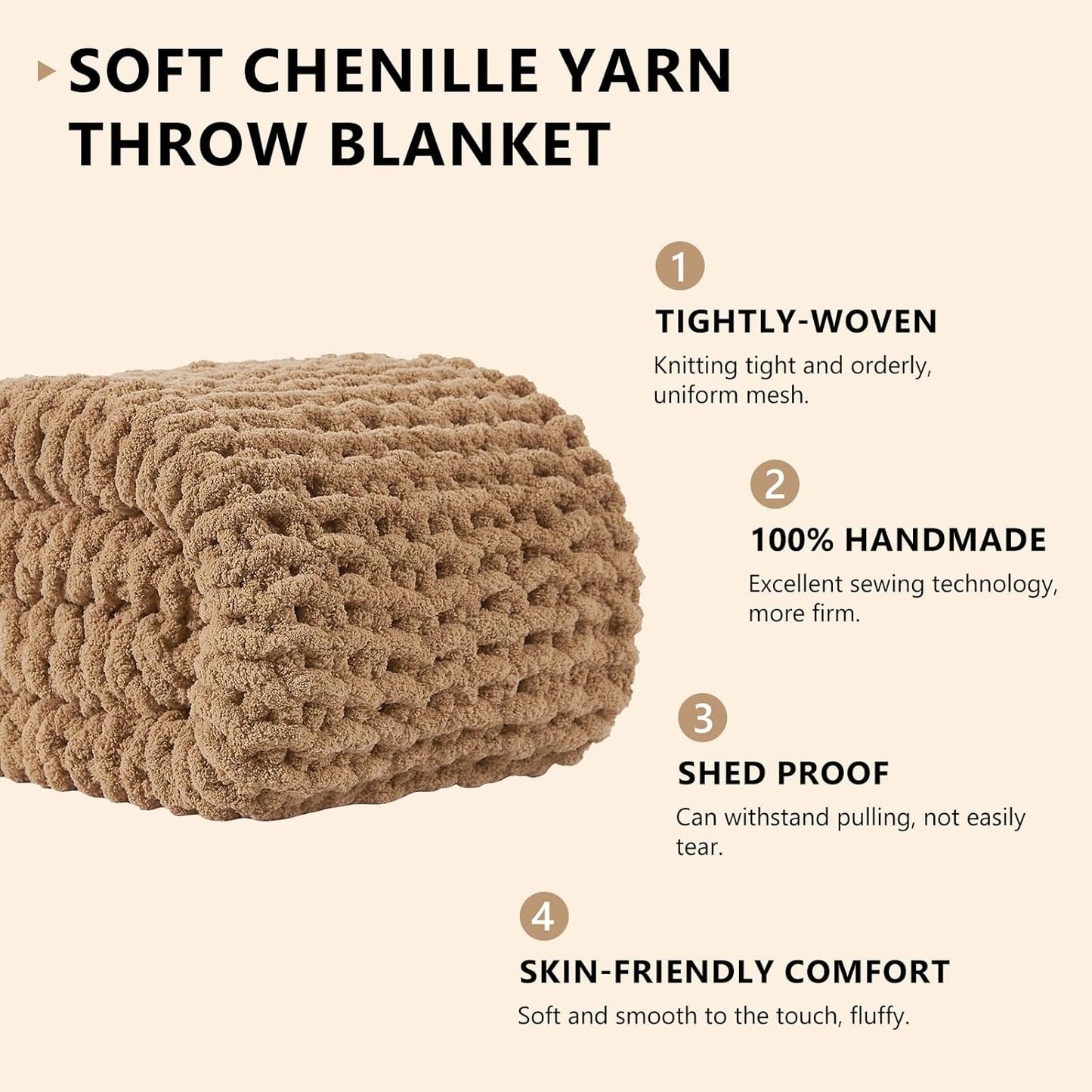 L'AGRATY Chunky Knit Blanket Throw: 80''x90'' Chenille Chunky Knitted Throw Blankets for Bed Couch - Handmade Thick Big Cable Knit Blanket - Large Crochet Rope Blankets for Home Decor(Tan)