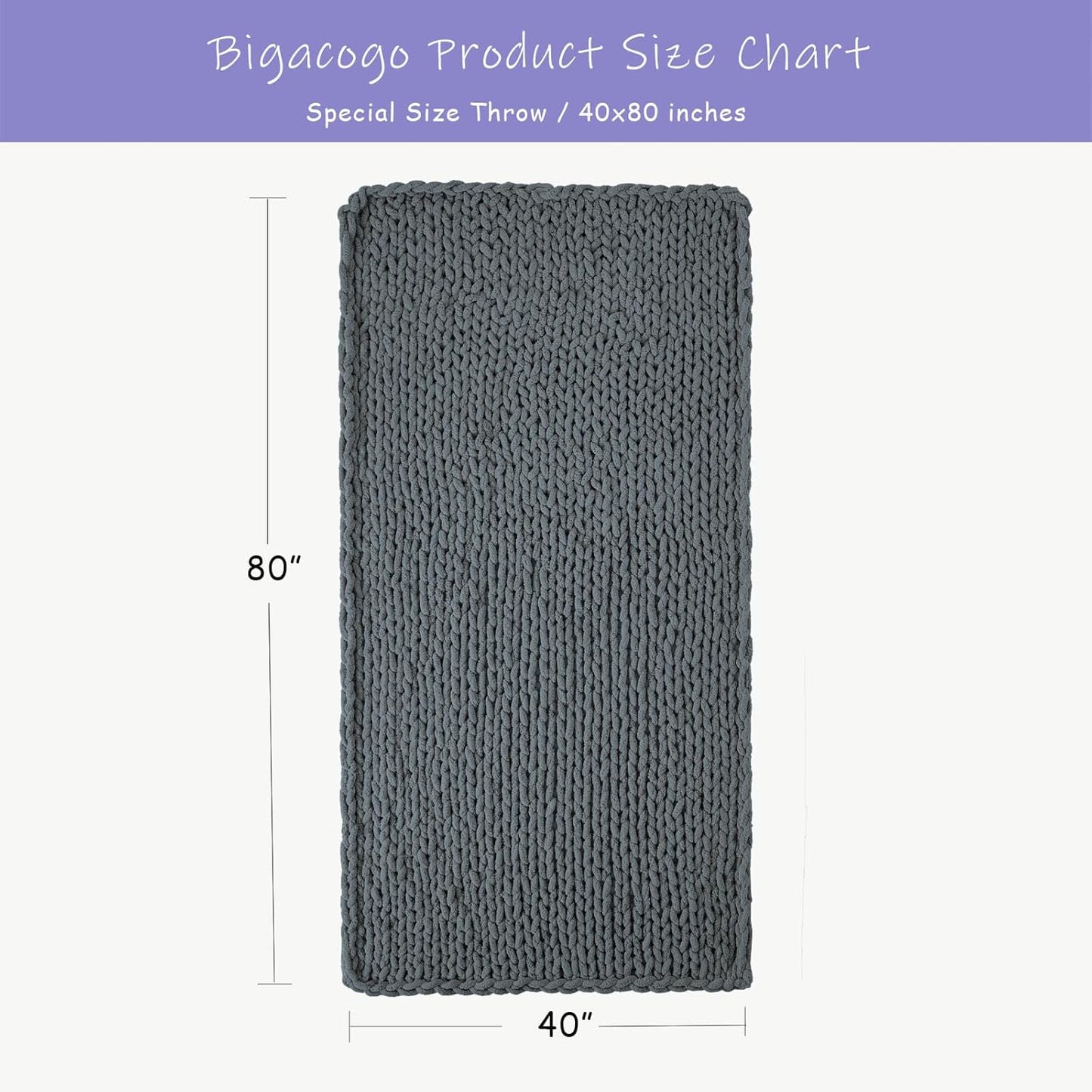 Bigacogo Chunky Knit Throw Blanket for Couch, 40x80 inches, 100% Hand Knitted with Thick Jumbo Chenille Yarn, Cozy Soft Large Rope Knot Cable Crochet Blankets for Sofa Bed Living Room, Iron Gray