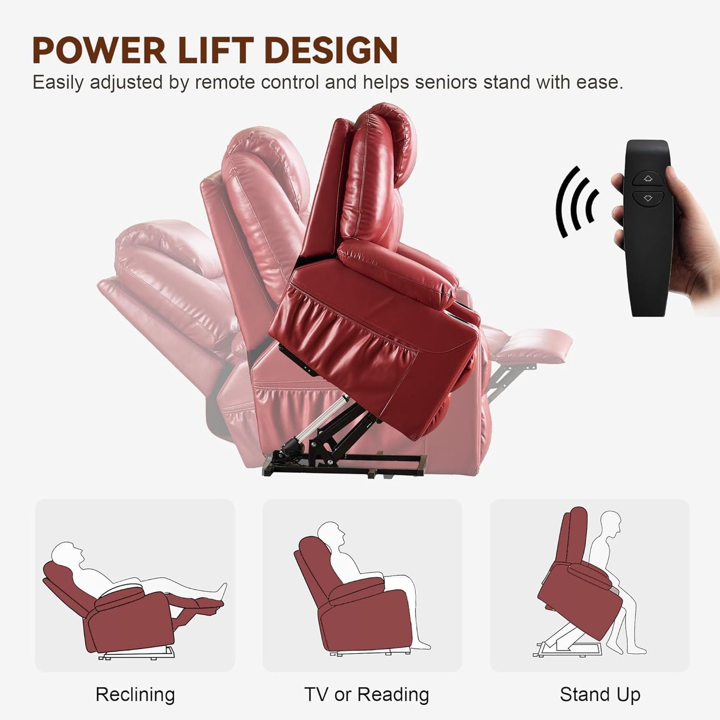 SALOHZA Power Lift Recliner Chair for Elderly with Massage and Heat for Living Room, Electric Recliner Chair for Adults with USB/Type C Port/Cup Holders, PU Faux Leather, Red