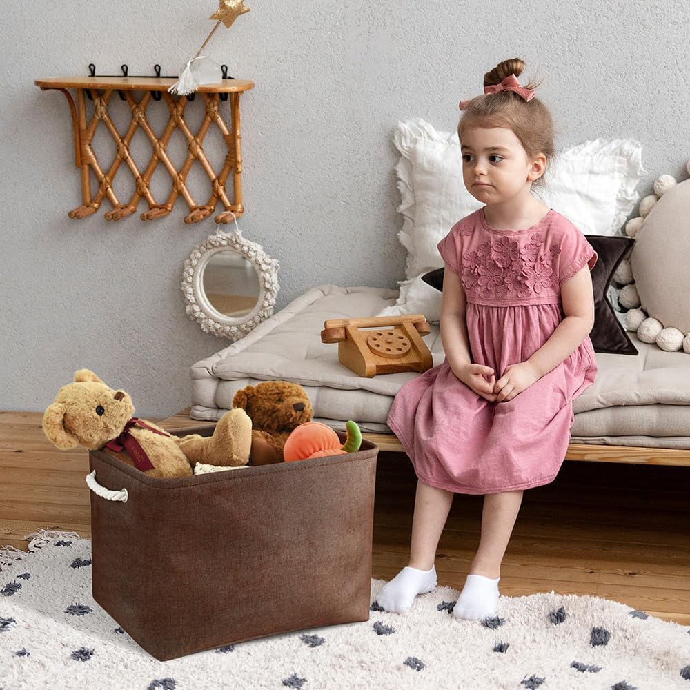 TheWarmHome Organization and Storage Basket for Shelves - 3 Pack 16x12x12 inch Fabric Storage Cubes, Cube Storage Bin for Organizing Closet Cloth Organizer Gift Toy (White & Brown)