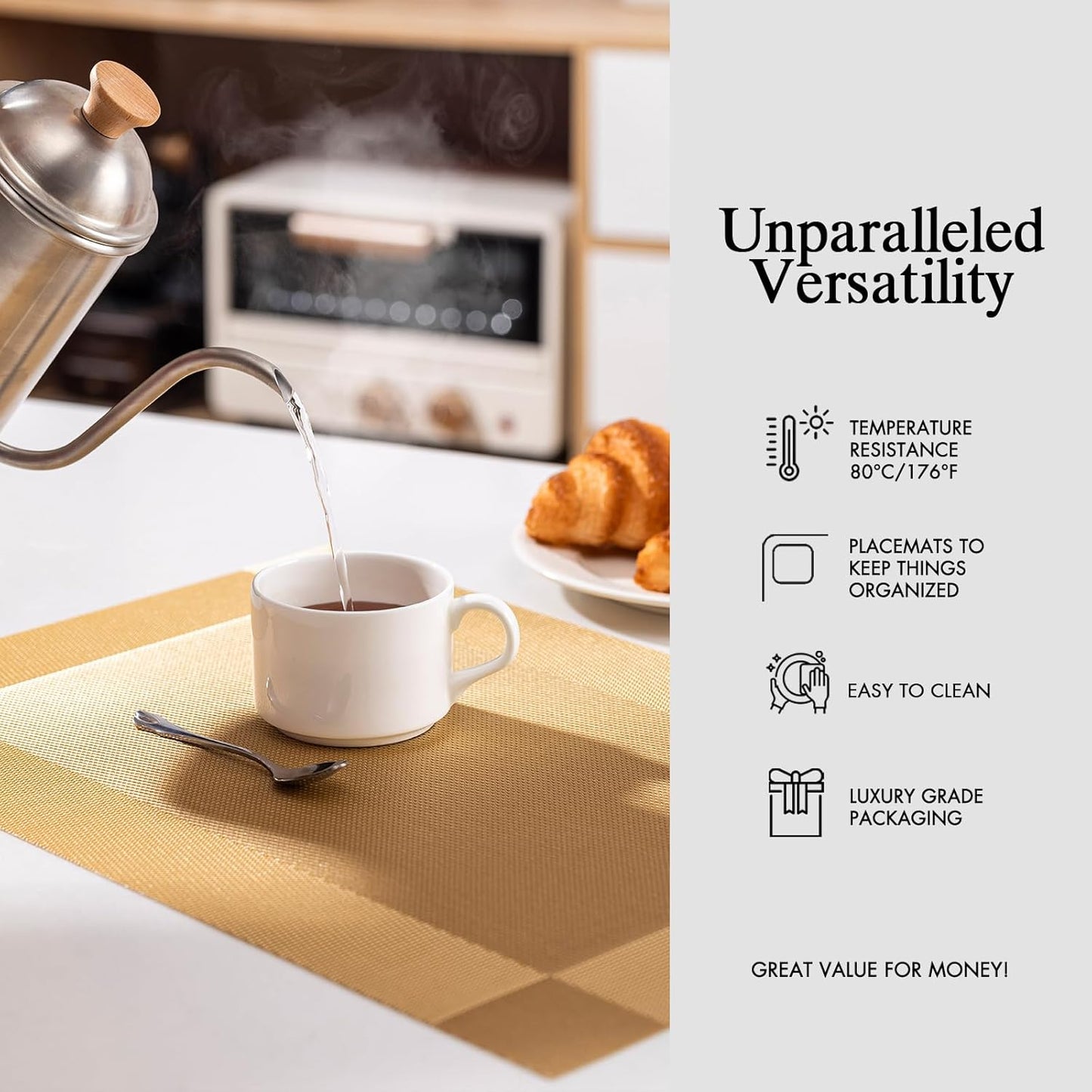 Placemats Set of 12 - Easy Clean Woven Vinyl Placemats for Dining Table, Indoor/Outdoor Place Mats, Washable PVC Table Mats（Gold Cube）