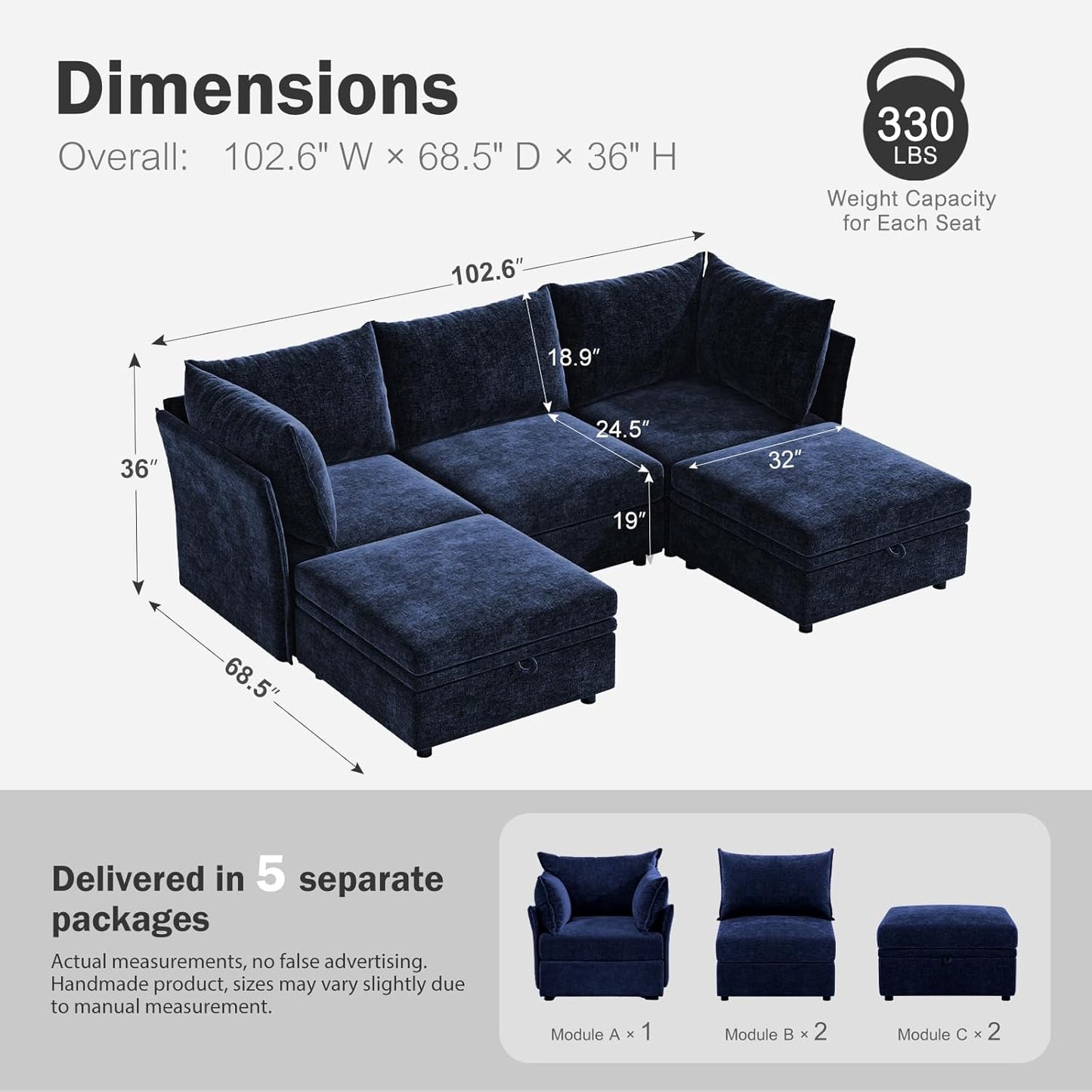 102.6" U Shaped Modular Sectional Sofa, 5 Seater Couch with Storage Ottoman Deep Seat and High Backrest with Removable Cover for Living Room, Apartment - Chenille Blue